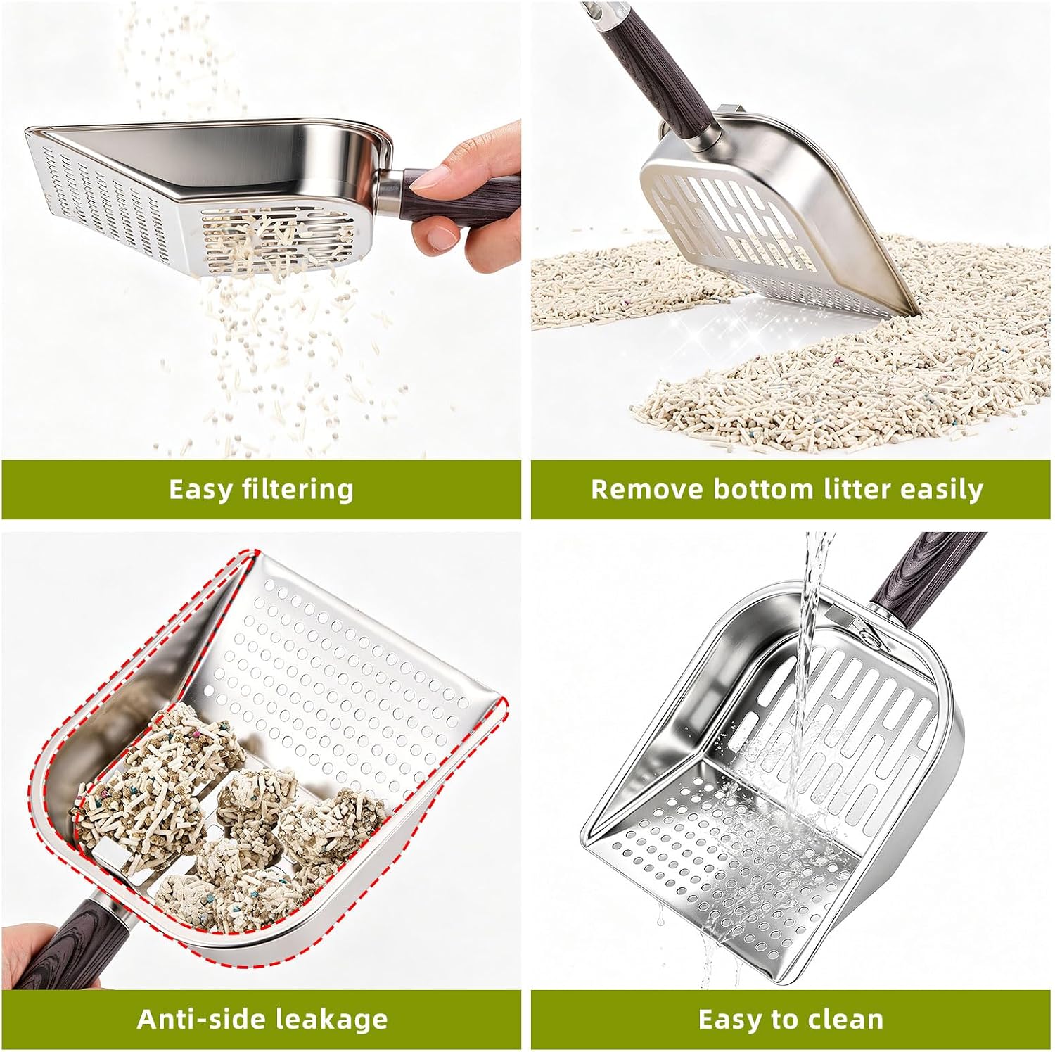 Ownpets Stainless Steel Litter Scoop for Cats, Double-Wide Holes, Large | Quick filter, easy to clean, rust resistant, durable, fits clumping cat litter