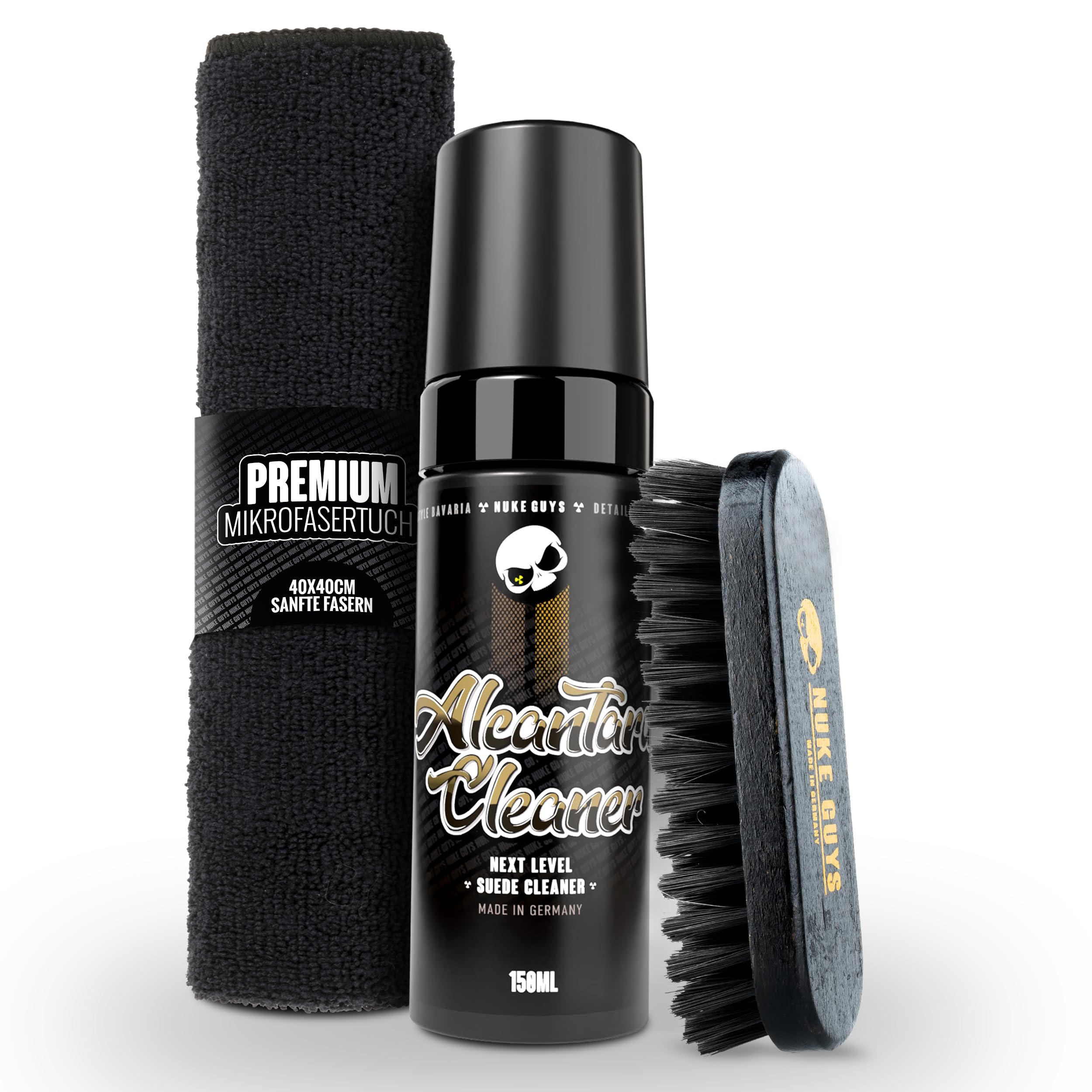 Nuke Guys AlcantaraReiniger Set | 150ml Reiniger geeignet für alle Alcantara Oberflächen + weiche Textilbürste + Mikrofasertuch | Porentiefe Reinigung & Pflege für Sofa Couch Sitze Lenkrad