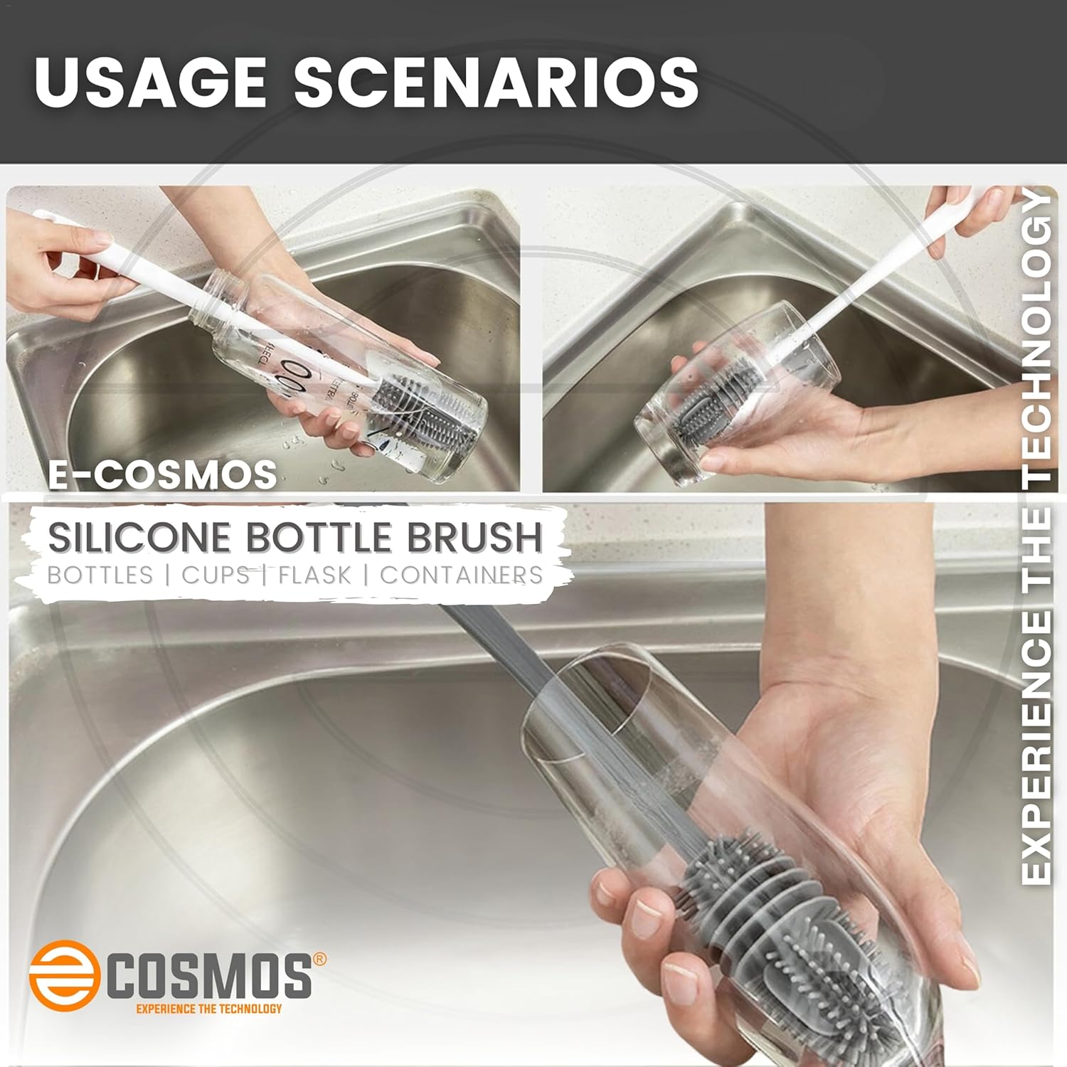 Bottle Cleaning Brush Silicone Long Handle, Black, 1 Count, 1 x Brush, Bottle, Vase, Container, Glass, Pitcher, Blender, Dish