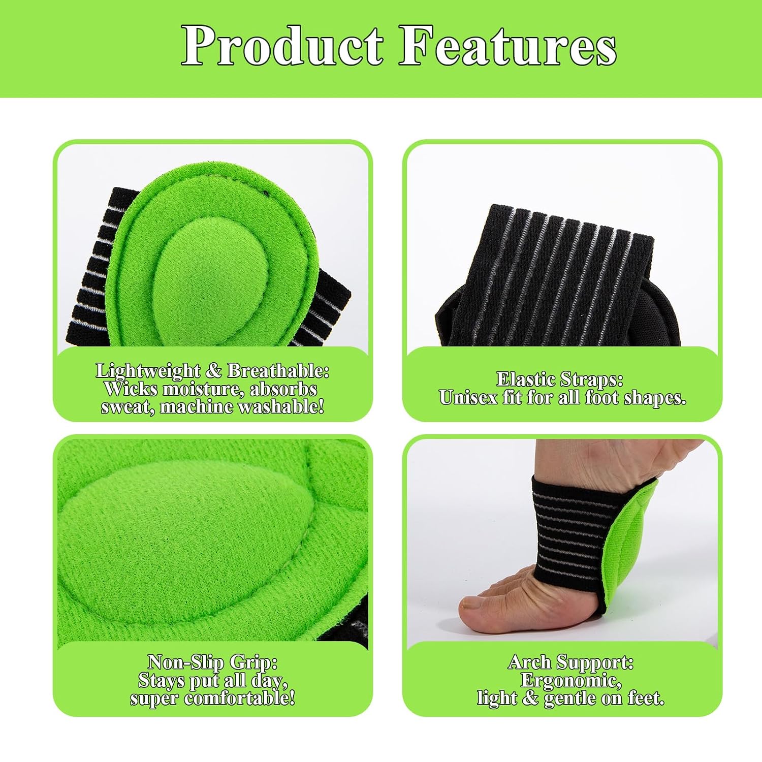 3-Pair Arch Support Compression Sleeves for Relief Foot Pain, Maximum Support for Flat Feet & High Arches, Men & Women, Black/Green