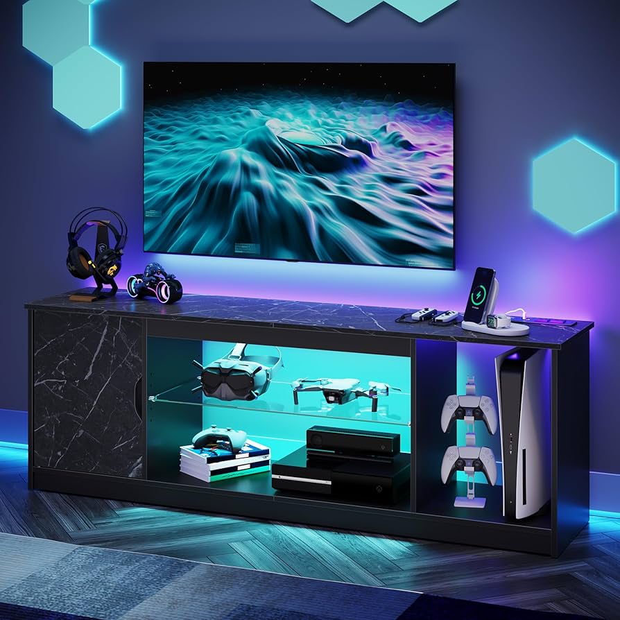 Bestier テレビ台 LEDライト付きブラック Amazon.com: Bestier TV Stand with Power Outlets for Bedroom