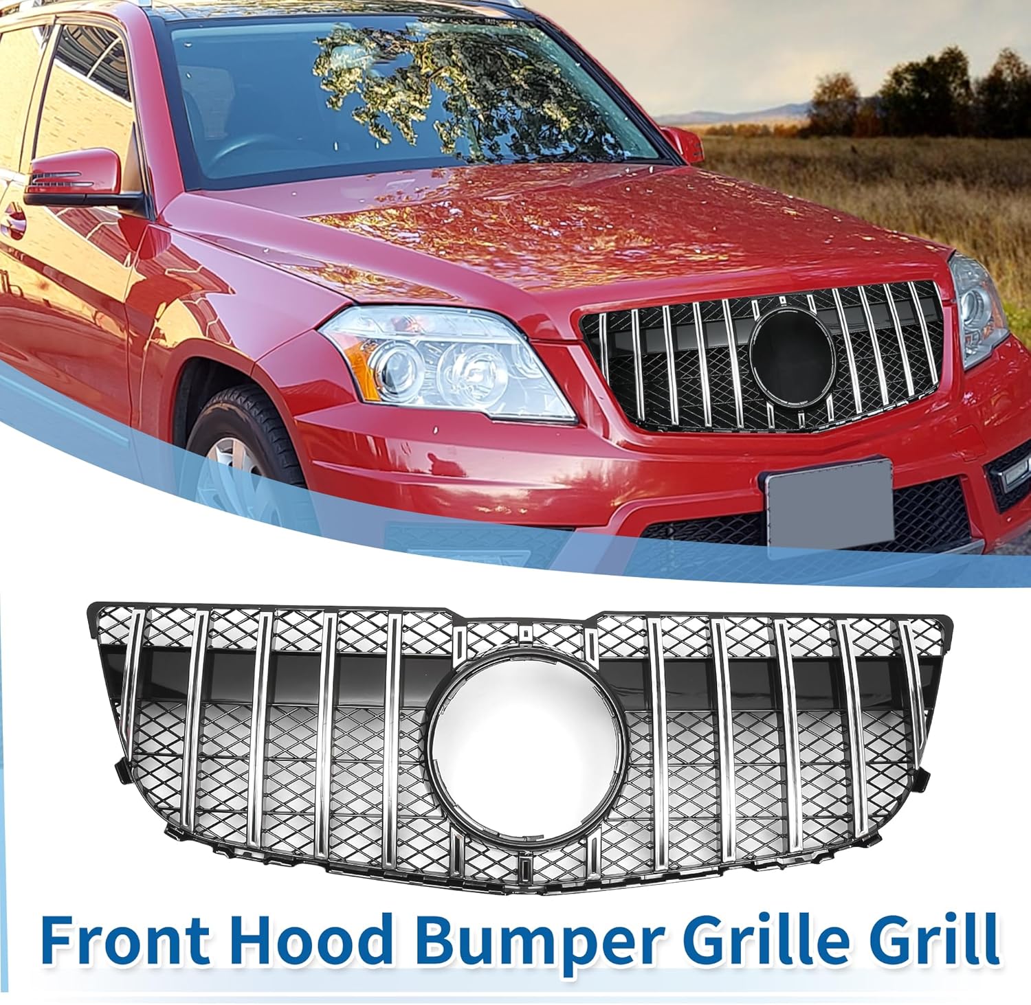 X AUTOHAUX Front Upper Hood Bumper Grille Grill for Mercedes-Benz GLK300 2013-2015 Front Upper Bumper Kidney Grille Grill Chrome Silver Tone Black