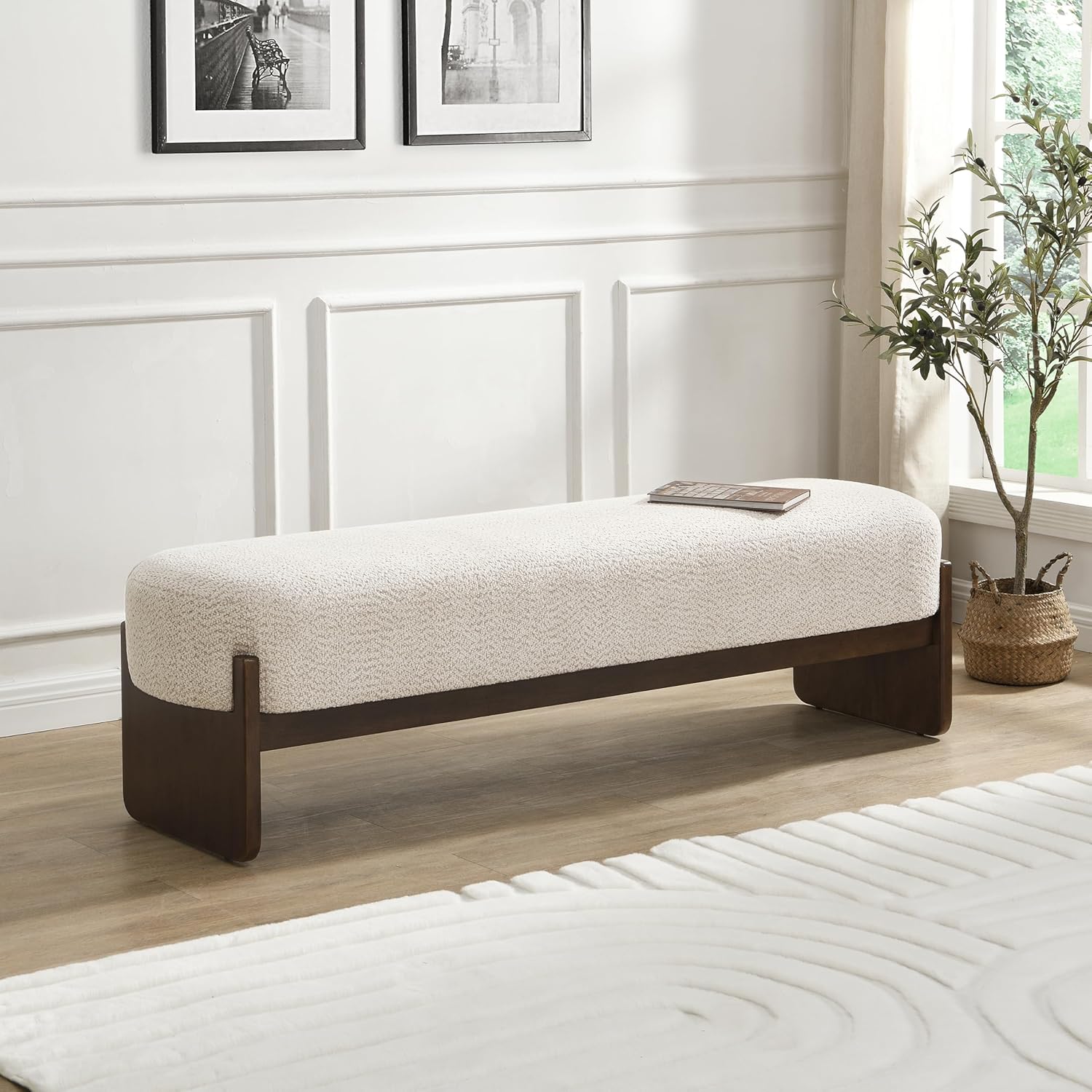 Christopher Knight Home Arden Minimalist Loop Yarn Ottoman Bench, Beige Upholstery Rubberwood Frame, Versatile Footstool for Living Room Bedroom Entryway