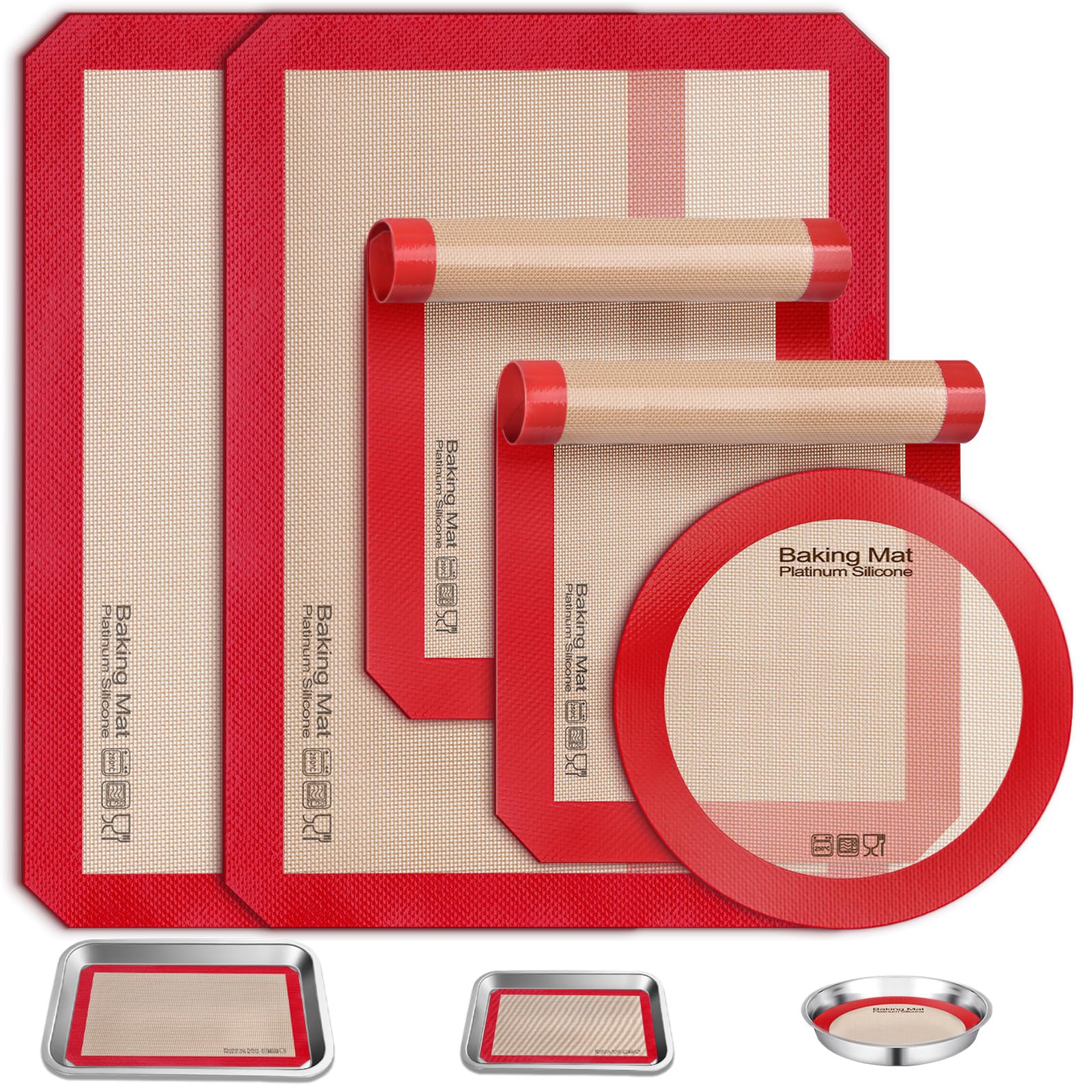 Tappetino Silicone Forno 5PCS, Sopito Carta Forno Riutilizzabile Antiaderente e Sicura per Gli Alimenti, Ideale Tappetino Microforato per Forno per Biscotti, Amaretti e Pasticcini, Rosso