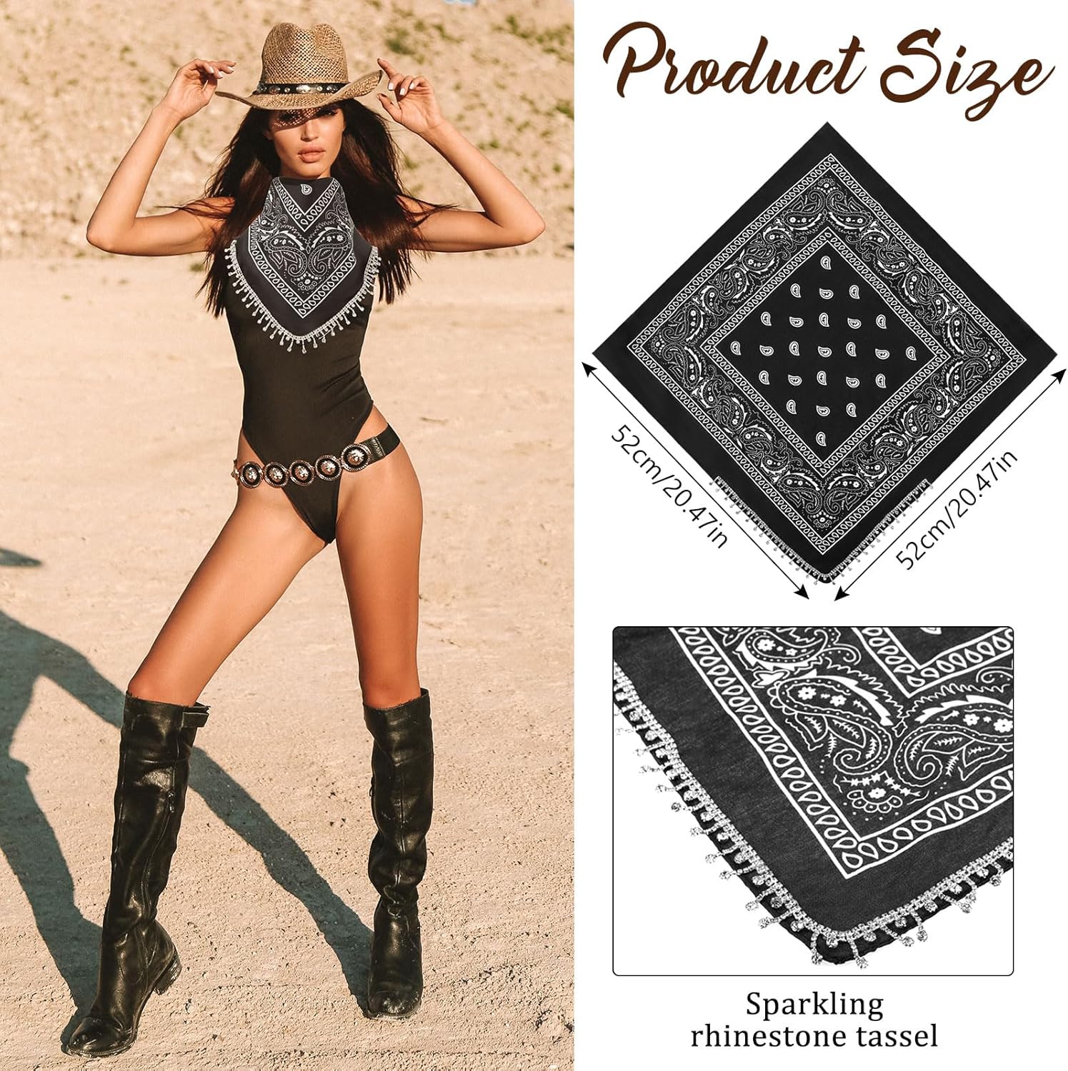 Vabean 2 Pcs Rhinestone Bandana Disco Fringed Paisley Glitter Bandanas for Women Cowgirl Bachelorette Tassel Kerchief - Image 3