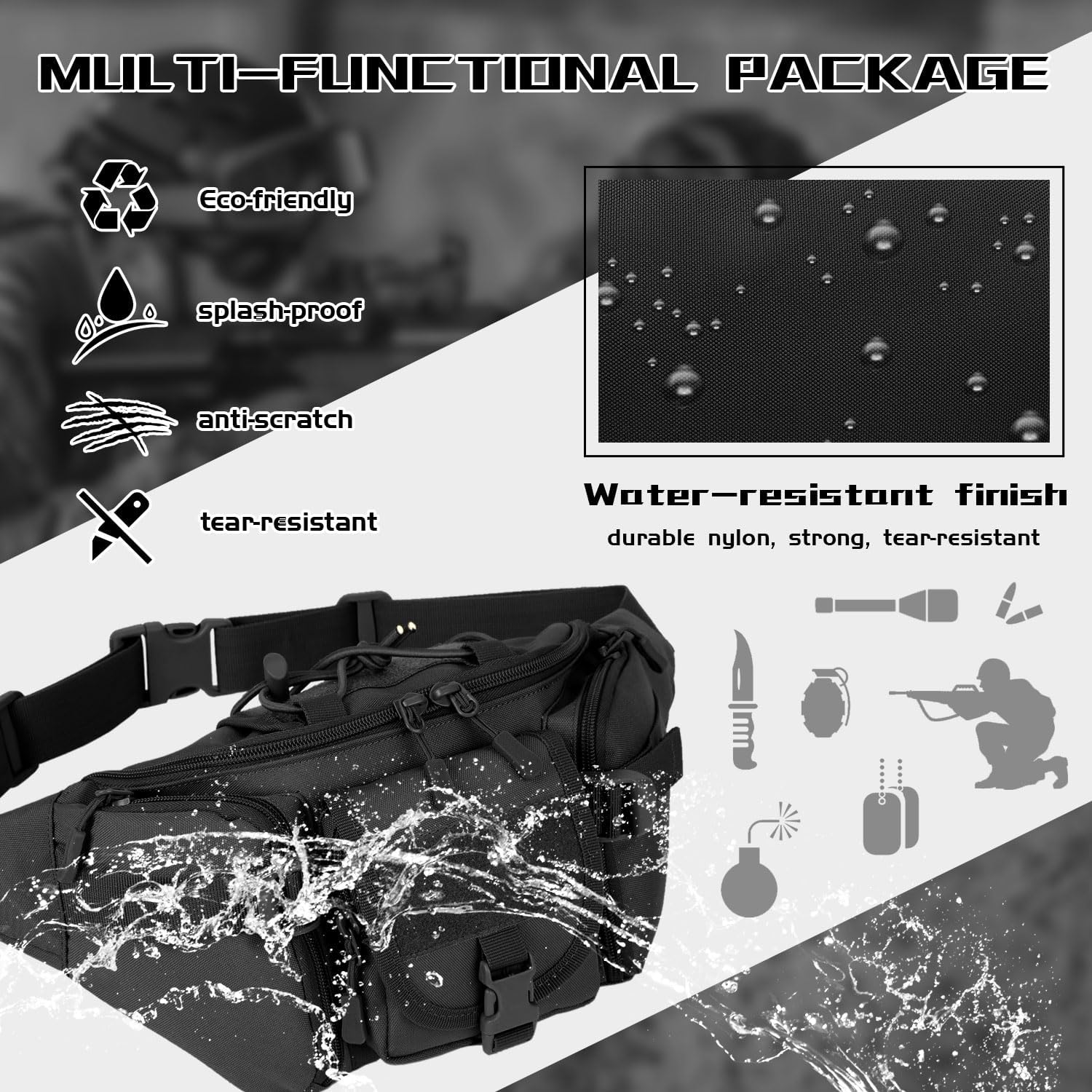 Tactical Fanny Pack, Military Outdoor Waist Bag Belt Packs Hip Bumbag Utility Bags with Adjustable Strap for Cycling Hiking Hunting (Black) - Image 4