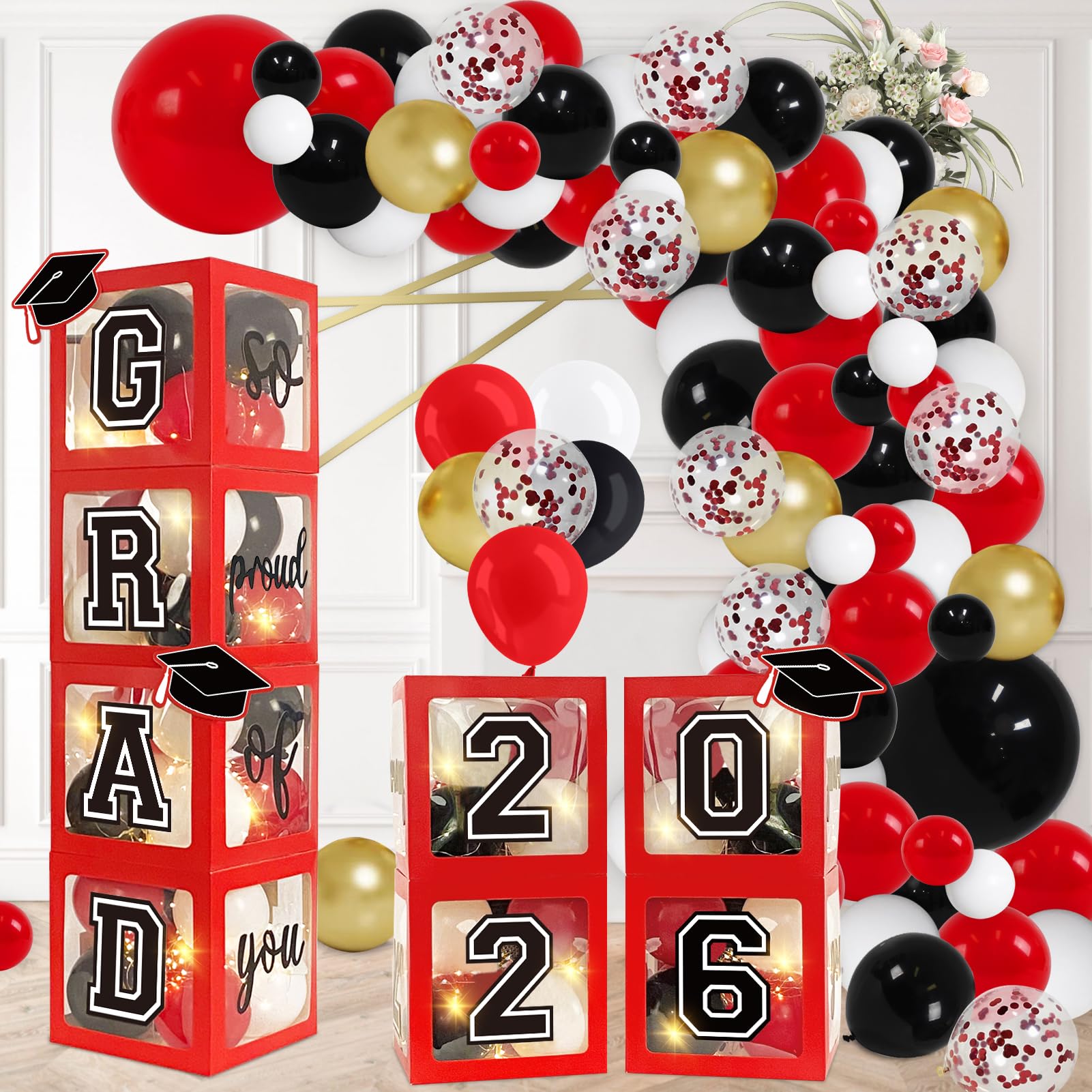 DAZONGE Graduation Decorations 2026, Set of 4 Red Grad Balloon Boxes with 139pcs Balloon Arch Garland Kit & 4 Light Strings - So Proud of You 2026
