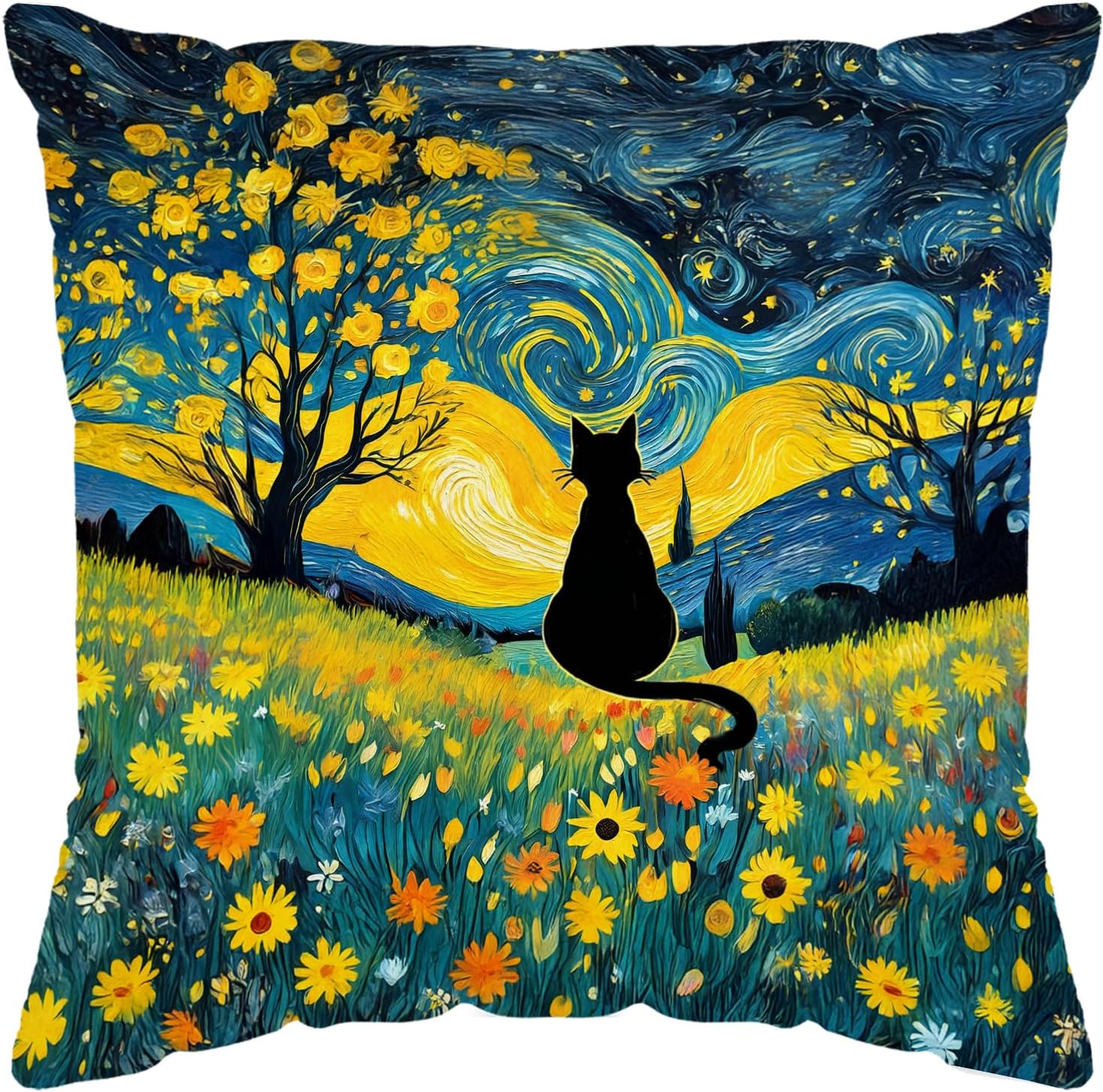 Wildflower Black Cat 20x20 Throw Pillow Covers - Van Gogh Style Garden Floral Cats Decorative Pillow Covers for Bedroom Living Room Office Decor, Cat Mom Grandma Lady Gifts for Black Cats Lovers