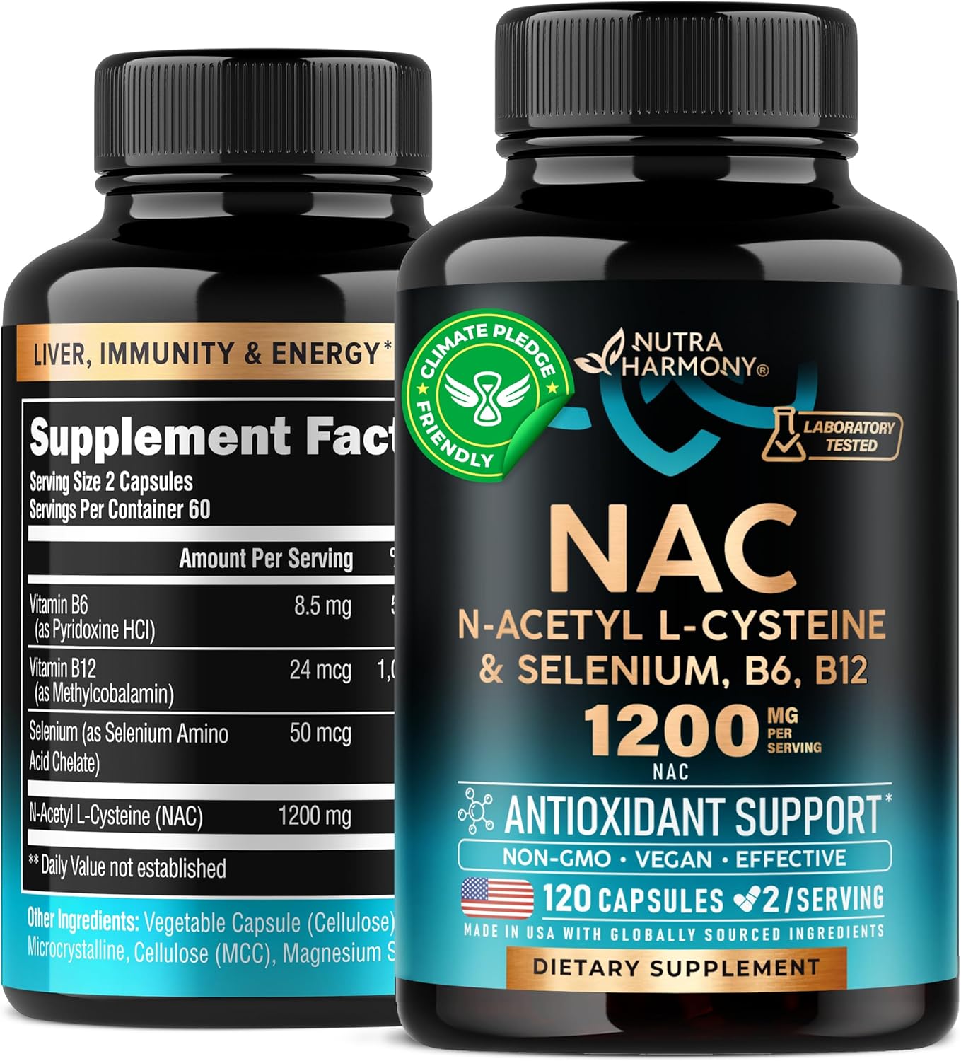 NAC Supplement | Selenium | B6 | B12 – Antioxidant, Immune Support – N Acetyl Cysteine 600 mg per Capsule, 1200 mg per Serving – Made in USA – Non-GMO, Gluten-Free, Vegan – 120 caps, 2 Month Supply
