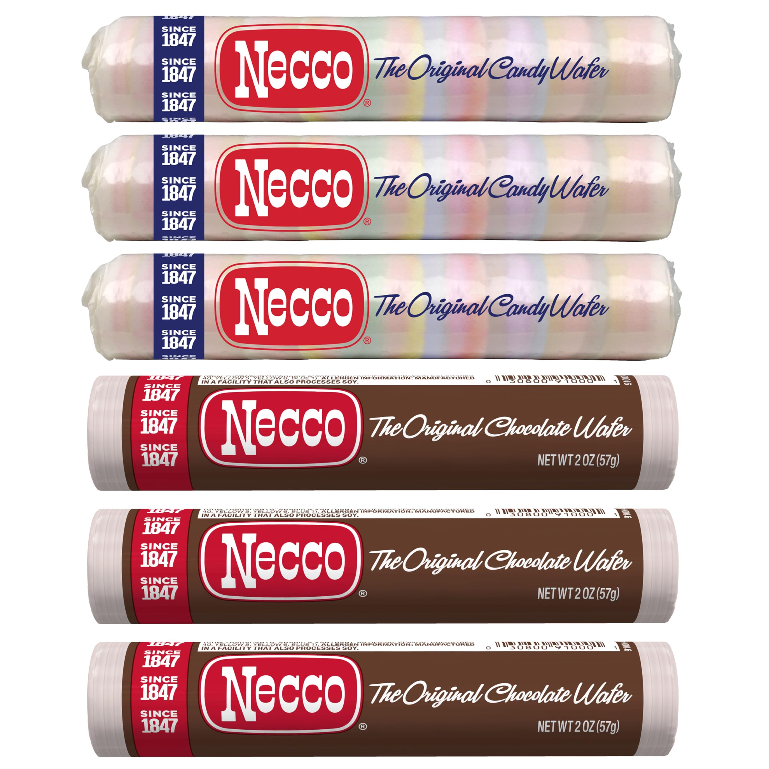 Necco Wafers Candy Variety Pack, 6 Pack (2 Ounce Rolls Each), 3 Rolls of Chocolate and 3 Rolls of Original Flavors