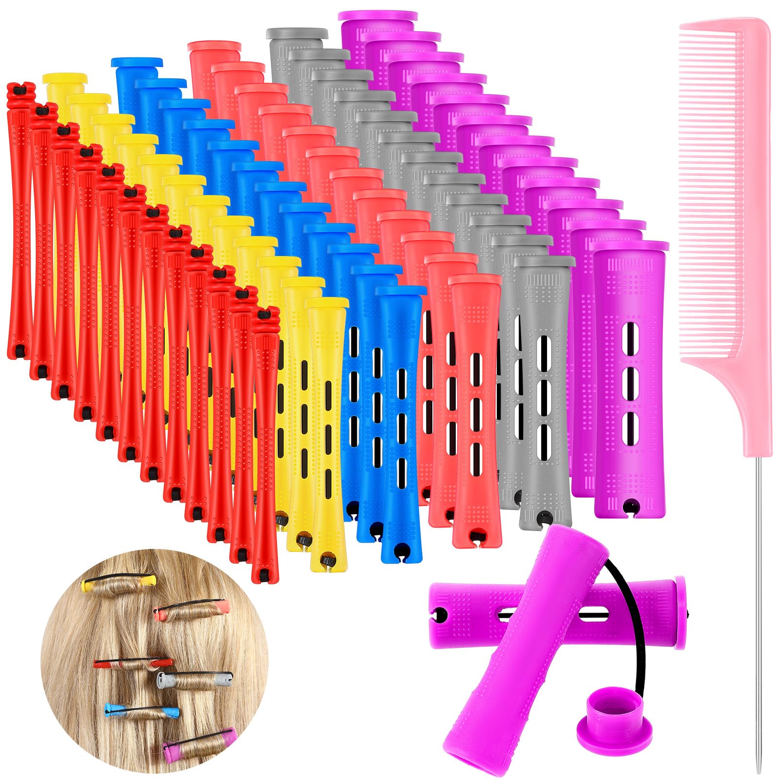 48 Pieces Hair Perm Rods Short Cold Wave Rods Plastic Perming Irons Hair Curling Rollers Curlers with Steel Pintail Comb Rat Tail Comb for