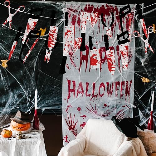 Miniatura 2 de 4 piezas de decoraciones de fiesta de Halloween, pancarta sangrienta, juego de guirnalda de terror para decoración de películas espeluznantes,