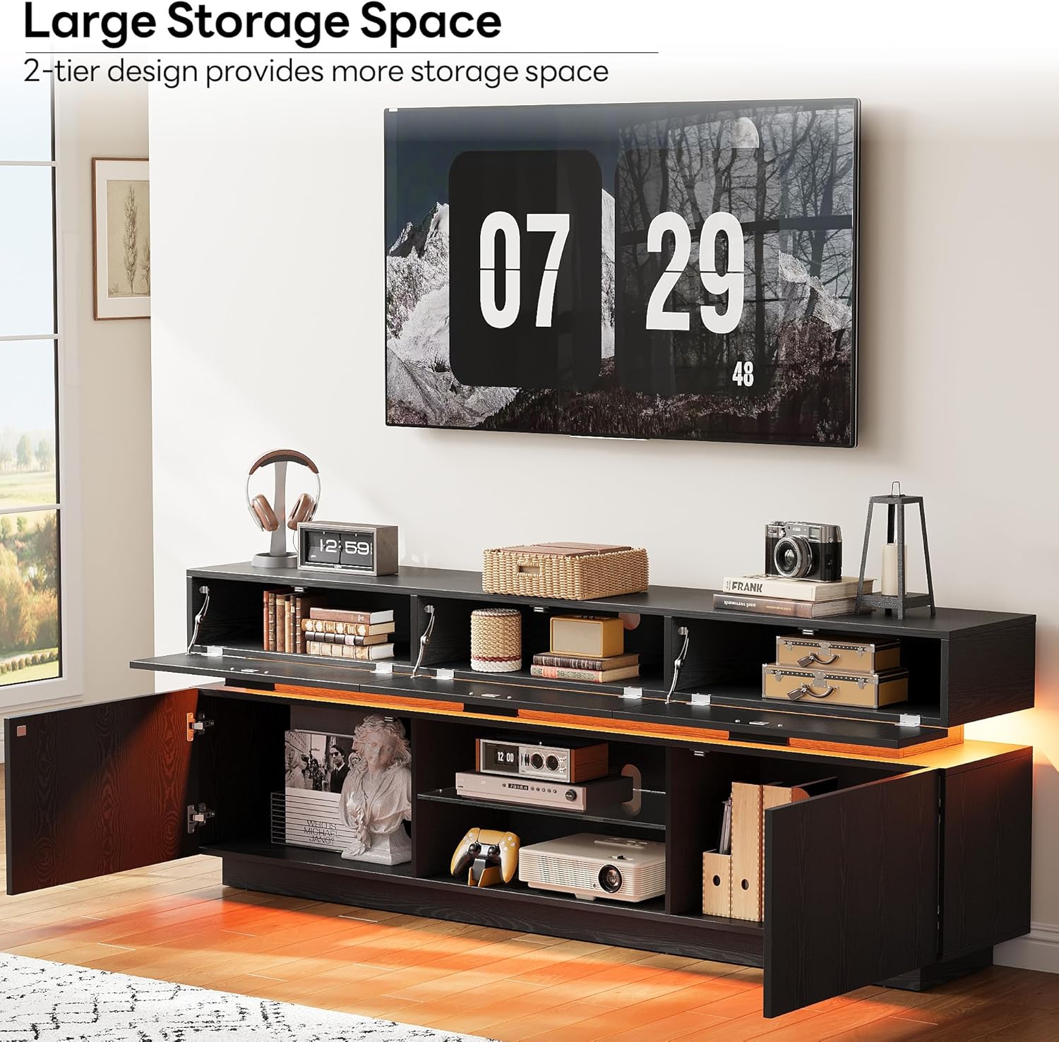 LIKIMIO Black TV Stand for TVs 85 inch, Entertainment Center with Power Outlets & LED Lights, TV Media Console Table with Cabinets, Drawers and Open Storage Shelves, Modern TV Stand for Living Room - Image 4