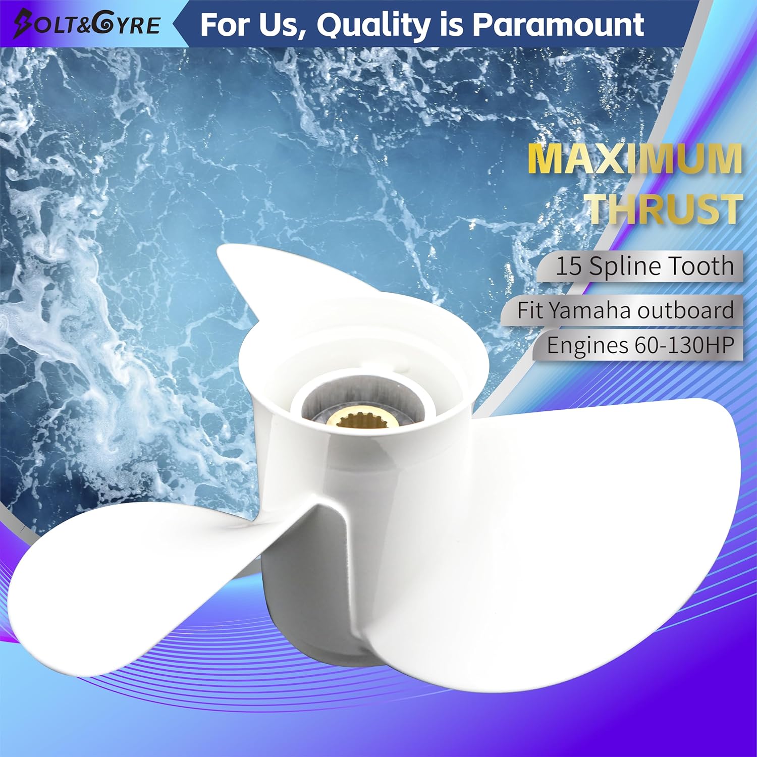 BOLT&GYRE 13 1/4 x 17-K OEM Aluminum Outboard Boat Propeller, 6E5-45945-01-EL,fit Yamaha Engines 60-130HP, 15 Spline Tooth, white