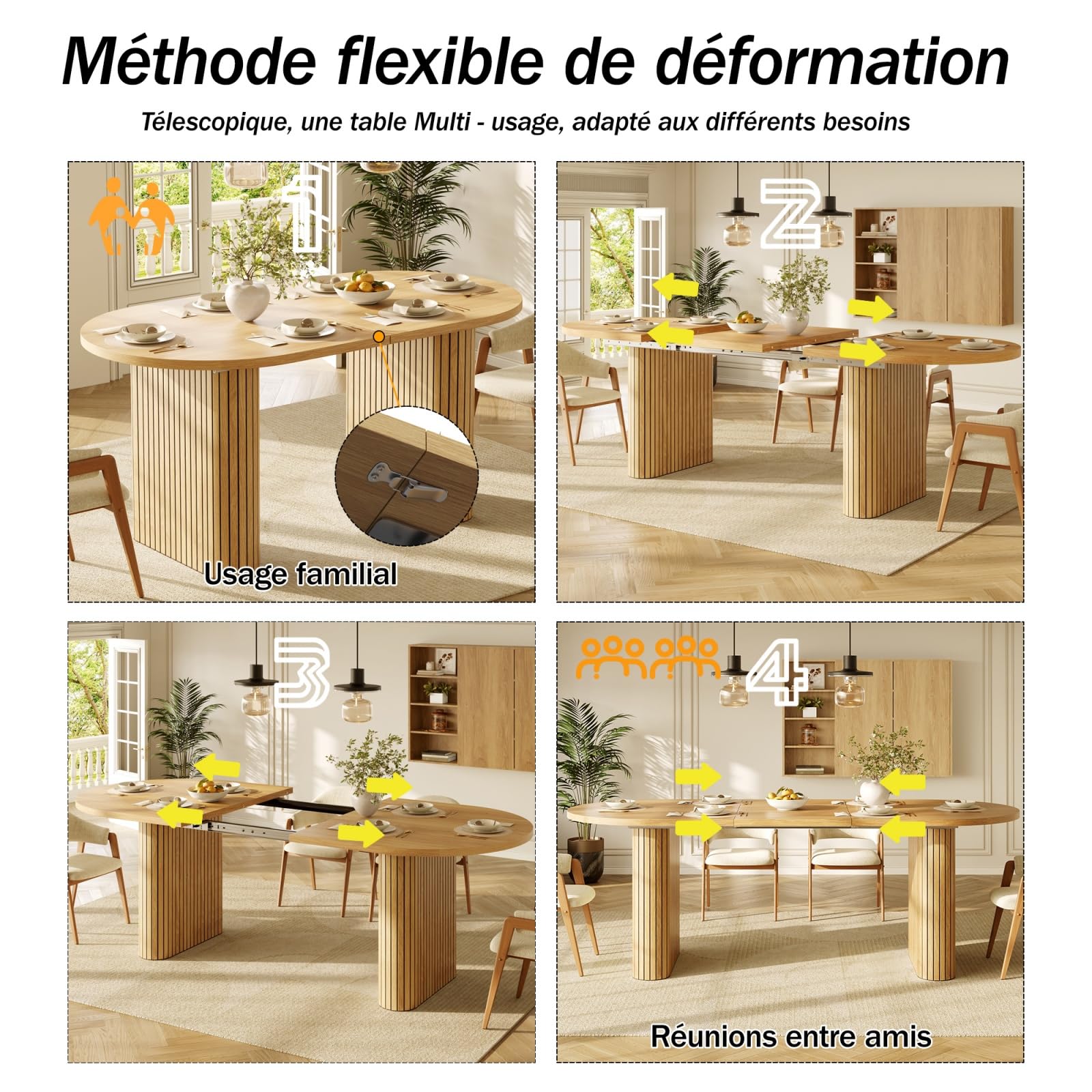 YEHTOKHOME Table à Manger Ovale Extensible 120-160cm, avec Pieds Elliptiques, Table de Cuisine avec Plateau en MDF, Coins Arrondis, Style Ferme Moderne, pour 4 à 6 Personnes (Chêne-2)
