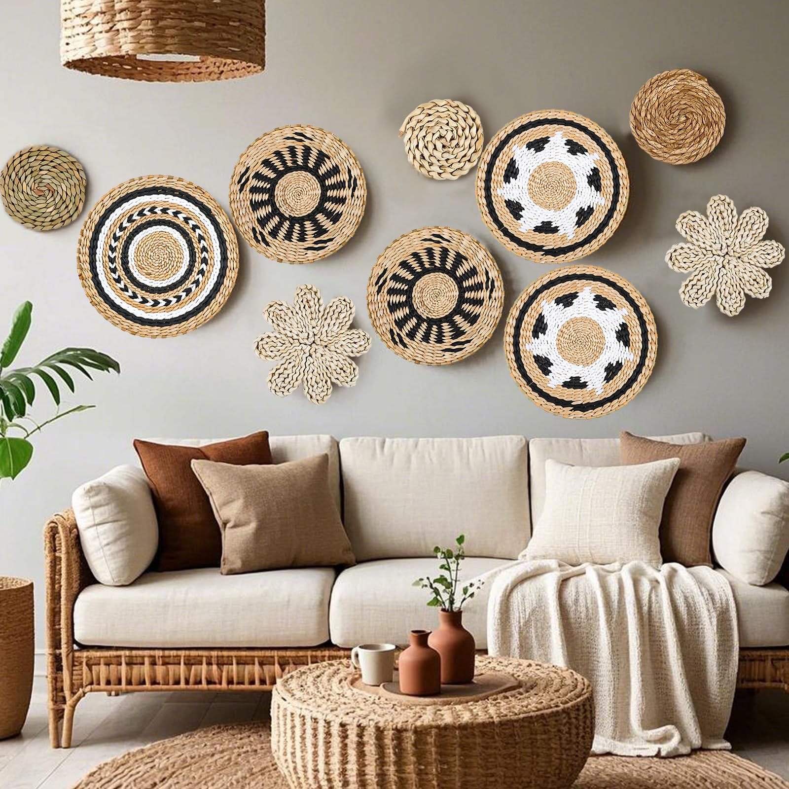 YIYA 10 Piezas Decoración de Cesta de Pared Pared de Cesta Bohemia Tejida a Mano Cestos Mimbre Decoración Pared pared Sala de Estar o Dormitorio