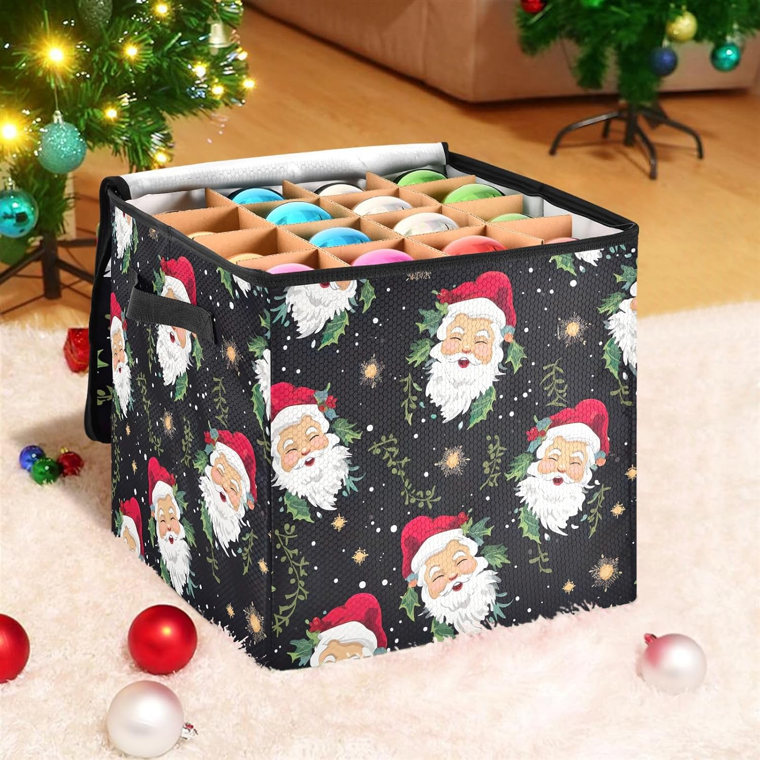 SPRIPORT Santa Christmas Christmas Ornament Storage Box for Next Season Holiday Decorations Storage Container with Adjustable Dividers & Lid Lidded Storage Bins for Ornaments Balls Decor Organizing