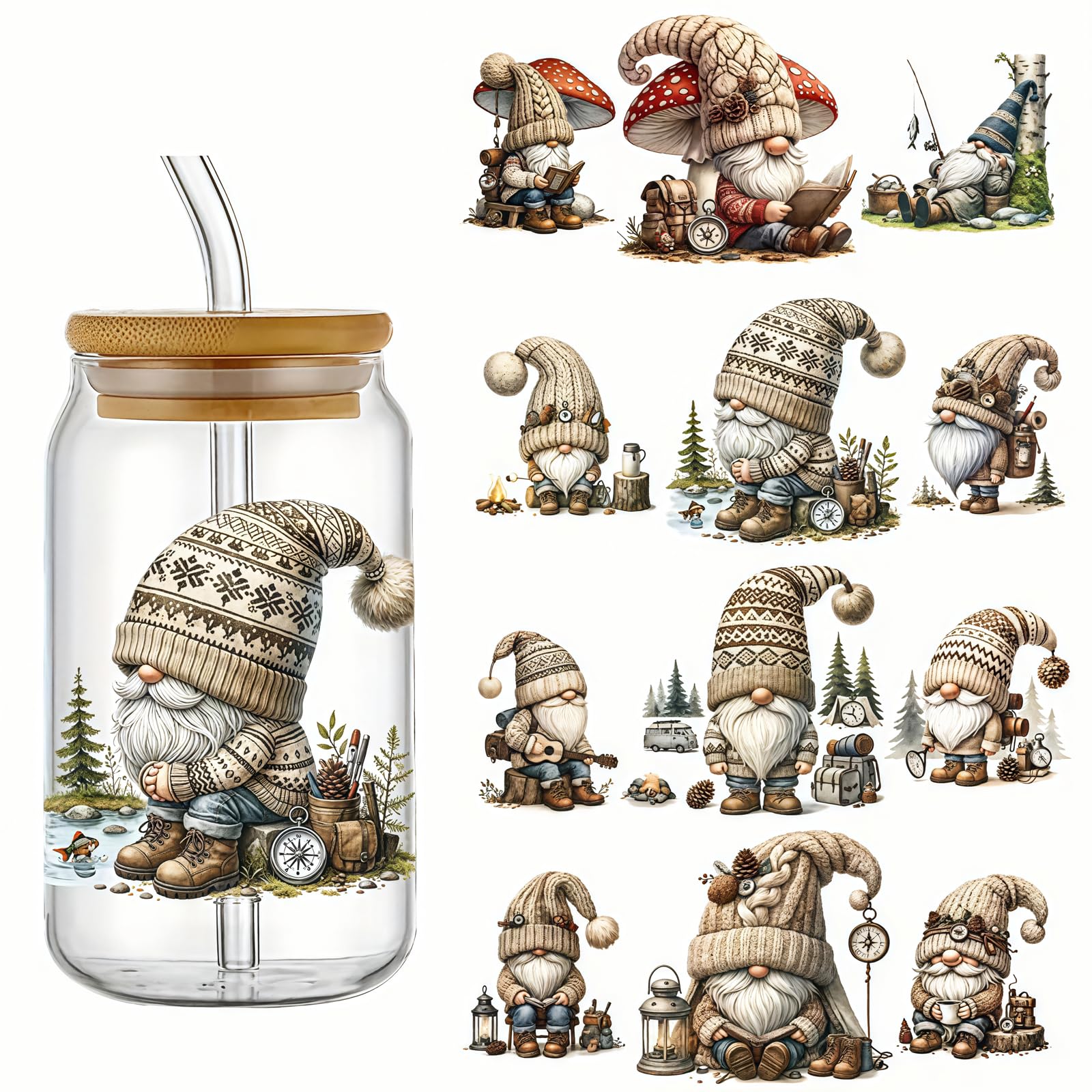 4pcs Camping Gnome Tree UV DTF Cup Wraps Transfer Waterproof Sticker for Glass Cups Furniture Craft DIY Crafts?Rub on Transfer Stickers for DIY Water Bottle Laptop Decal Wood Car