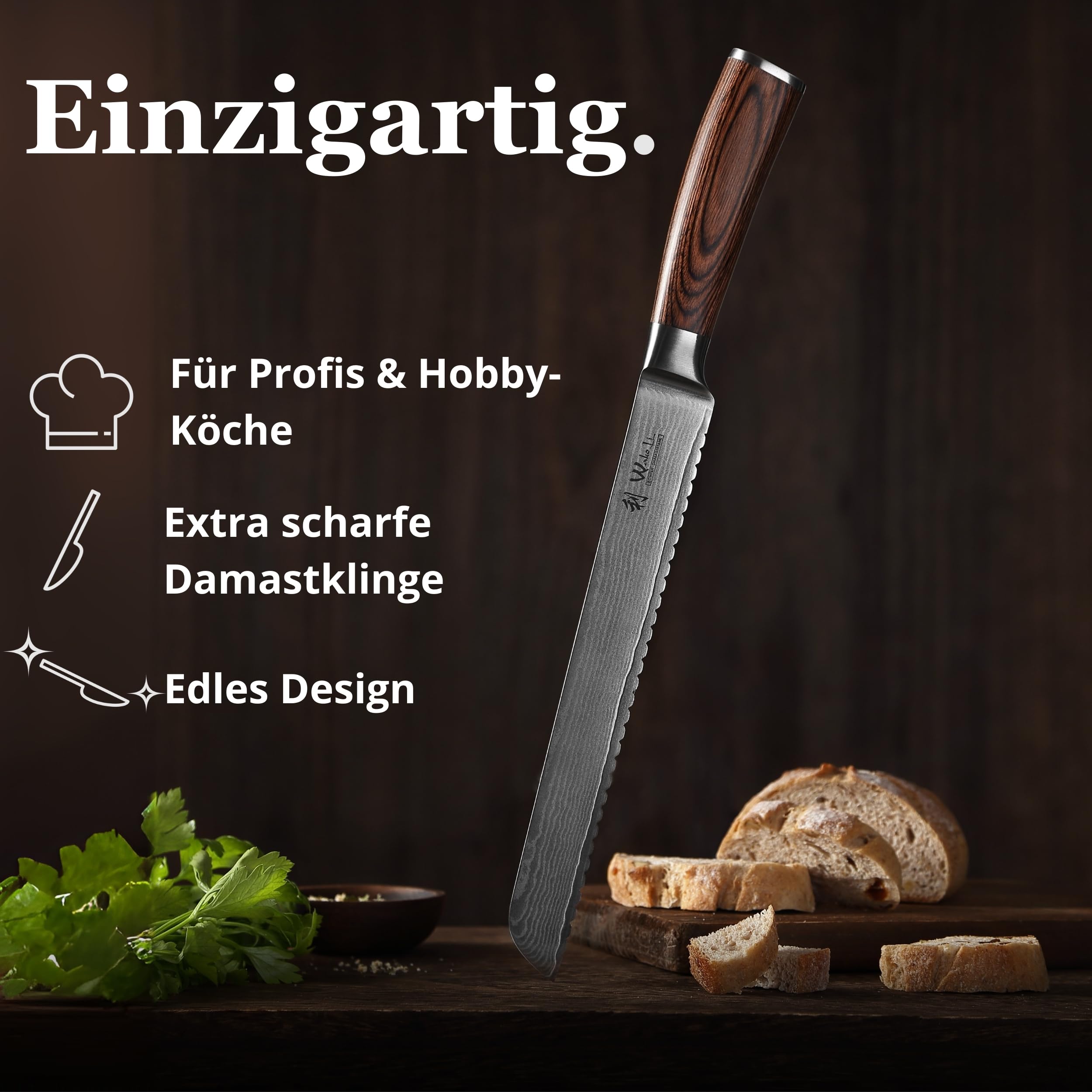 Wakoli EDIB Brotmesser Wellenschliff aus echtem Damaststahl (VG10 Kern) mit 20 cm Klinge – Scharf & ergonomisch – Damastmesser mit Pakkaholzgriff in Geschenkbox – Brotschneidemesser für krosse Krusten
