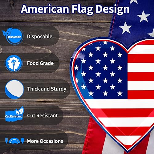 Miniatura 4 de Platos de fiesta del 4 de julio, 50 platos a granel del Día de la Independencia con forma de corazón patriótico para fiesta del 4 de julio, día