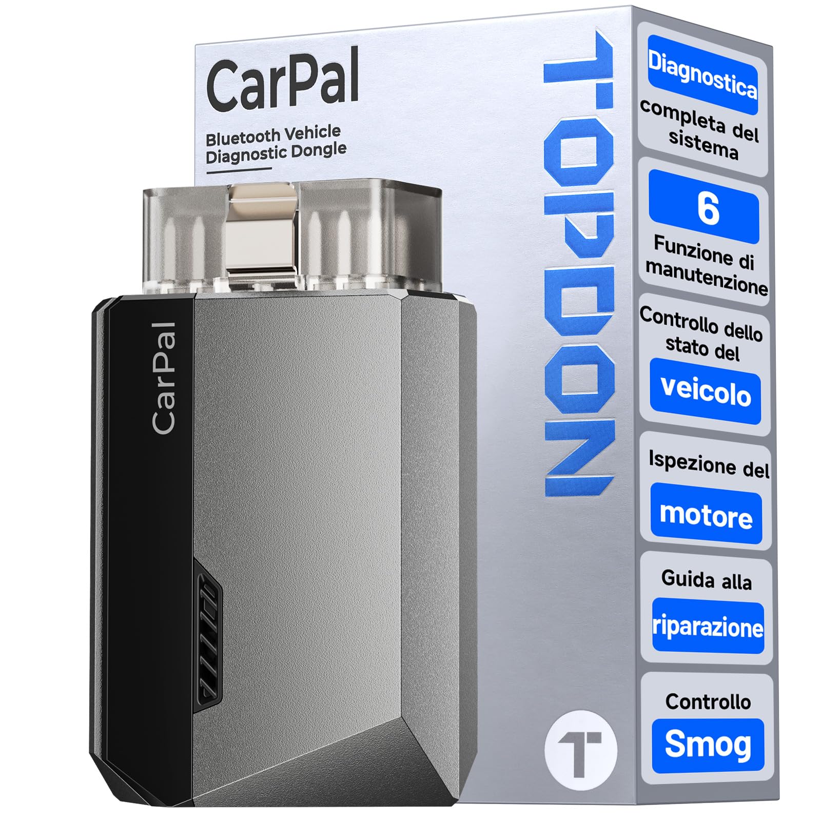 TOPDON CarPal-A OBD2 Auto Diagnostica, Bluetooth Diagnosi Auto Professionale in Italiano, 6 Servizi di Reset, AutoVIN, Ispezione Motore, Controllo Smog, Guida alle Riparazioni