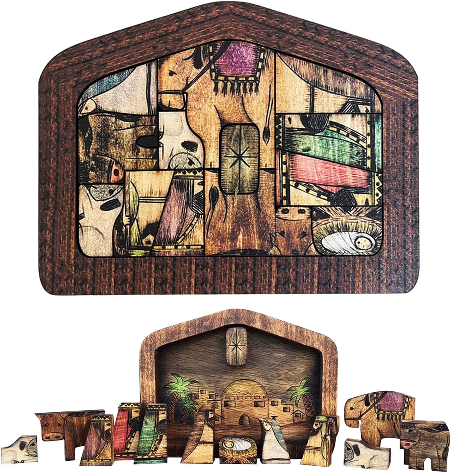 Wooden Jesus Puzzle Statue, Nativity Puzzle with Wood Burned Design, Jesus Puzzles, Nativity Set, Jigsaw Puzzle Game for Adults and Kids, Home Decor, Birthday Present Gifts (Small (7.9 x 5.9))