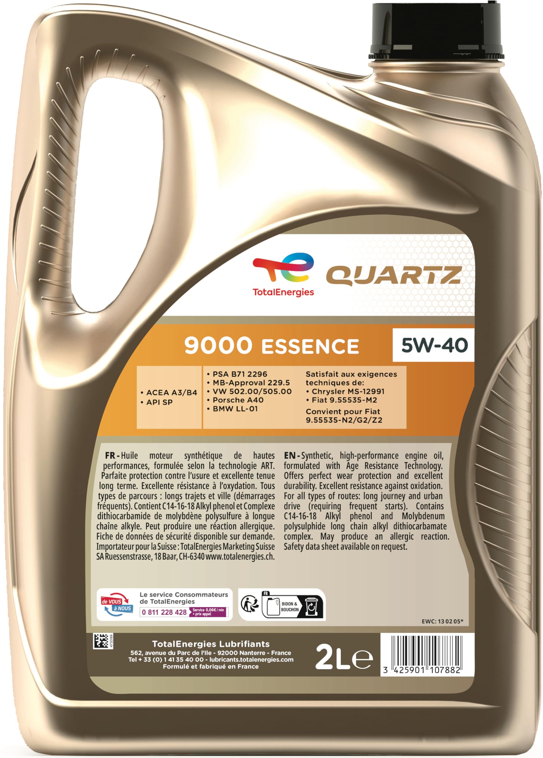 TotalEnergies Quartz 9000 essence 5W-40, Huile moteur, 2 litres