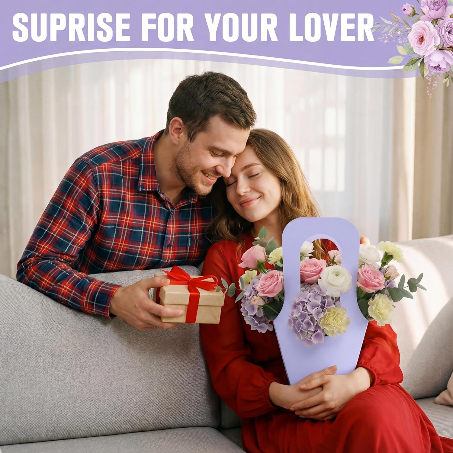Faccito 36 Pcs Kraft Paper Flower Bouquet Bags with Handle Bulk Mother's Day Flower Wrapping Paper Gift Bags for Wedding Thanksgiving Bridal Shower Birthday Party Home Decoration(Light Purple)