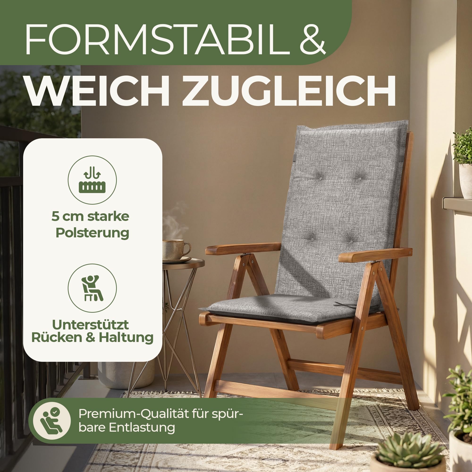 Florence Hochlehner Auflage – Gartenstuhlauflage Hochlehner mit Schaumstoff Polster, Outdoor Kissen & Stuhlkissen für Gartenstuhl, Sitzkissen Stuhl & Sitzkissen Bank, Outdoor (4, anthrazit)