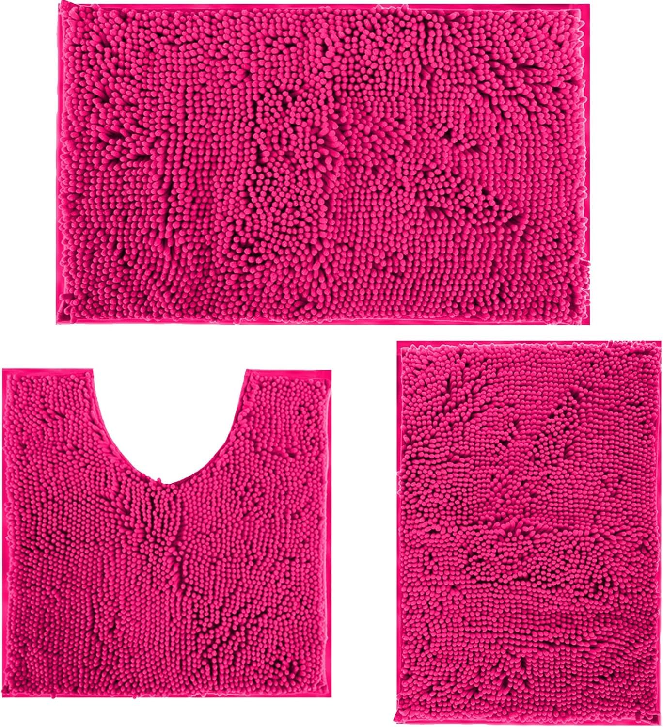 placeroom Bathroom Mat Set of 3, Bath and Toilet Mat Set,Ultra Soft Chenille Bath Mat Non Slip,Bath Mat Sets 3 Piece Washable,Super-Absorbent Bath(Rose Pink bath set)