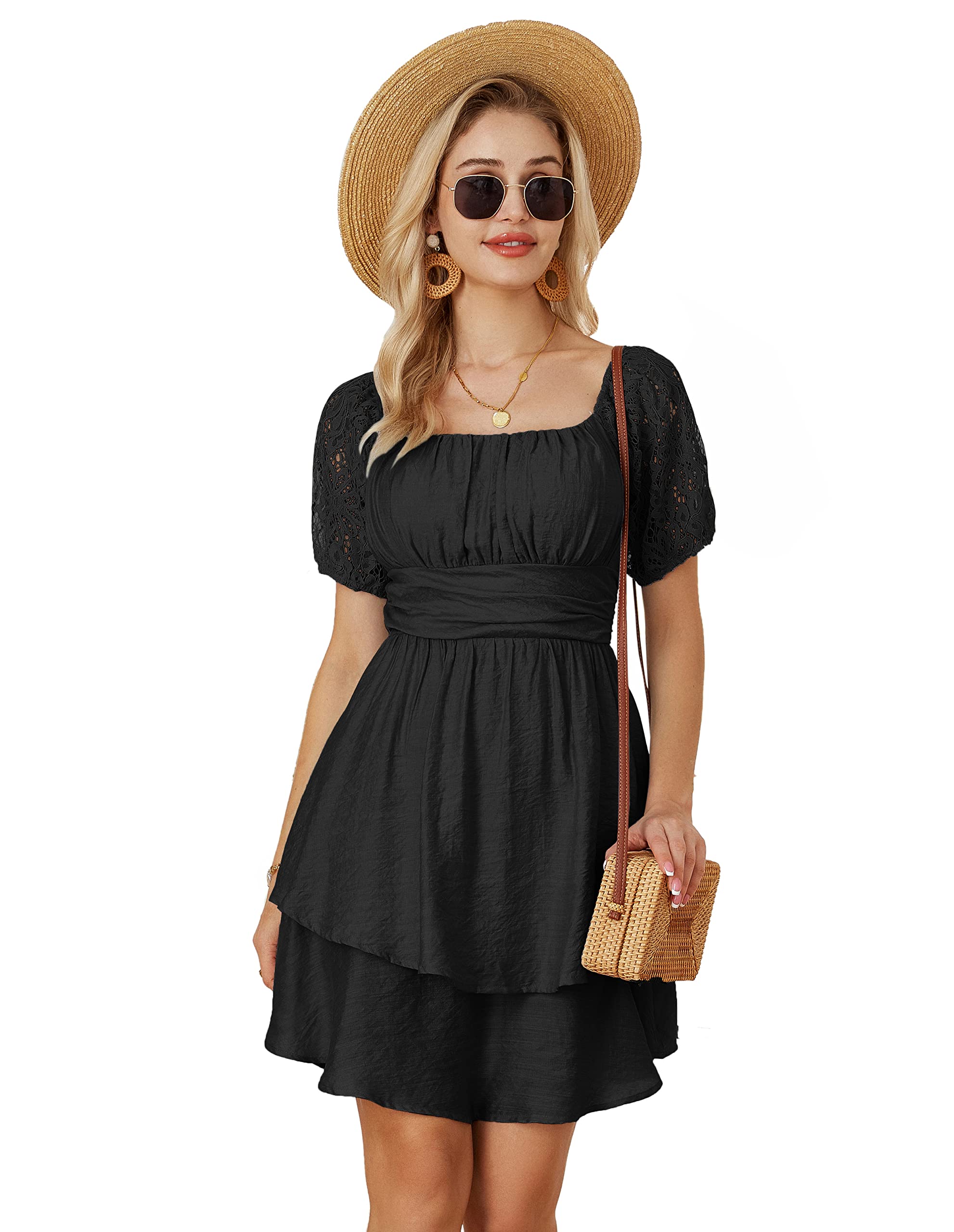 GRACE KARIN Vestido de Encaje de Manga Corta Plisado de Doble Capa para Mujer Escote elástico sin Espalda con Lazo Adornado
