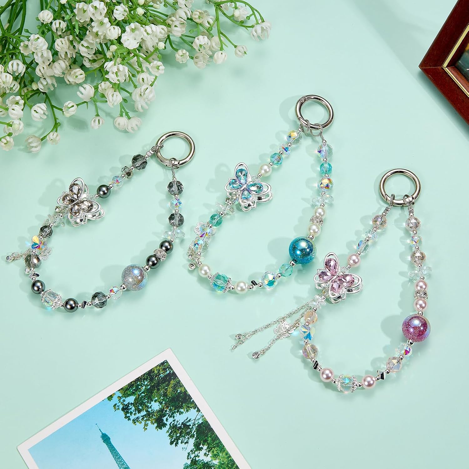BEEFLYING Crystal Bead Phone Bracelet Strap, Cellphone Bow Charms Wristlet Lanyard for Women, Kawaii Charm Pendant Wrist Strap for Camera Bag Accessories - Image 5