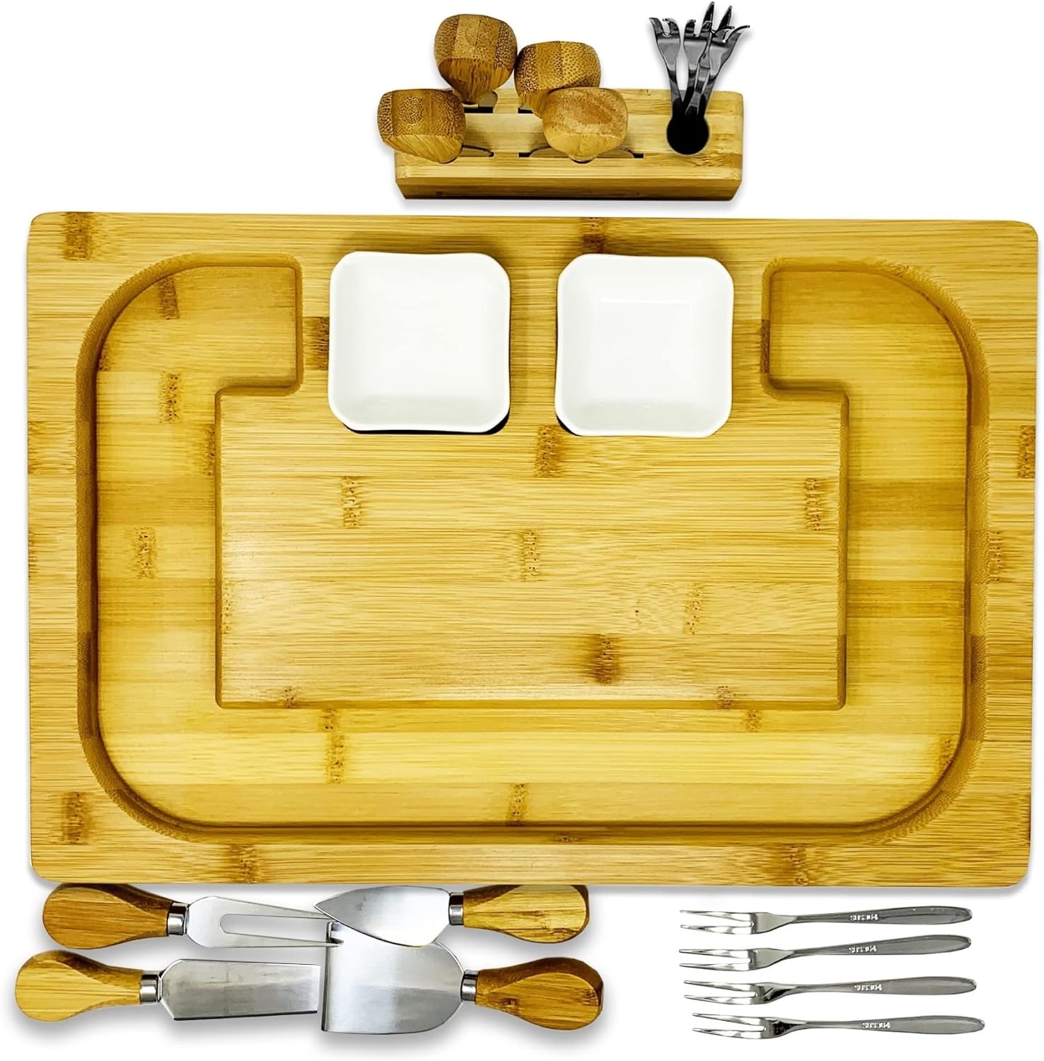 PandPal Charcuterie Cheese Board Set with Bonus Knives, Bowls, and Forks – Reversible Extra Large Bamboo Board & Serving Tray with Deep Grooves and Easy Handles