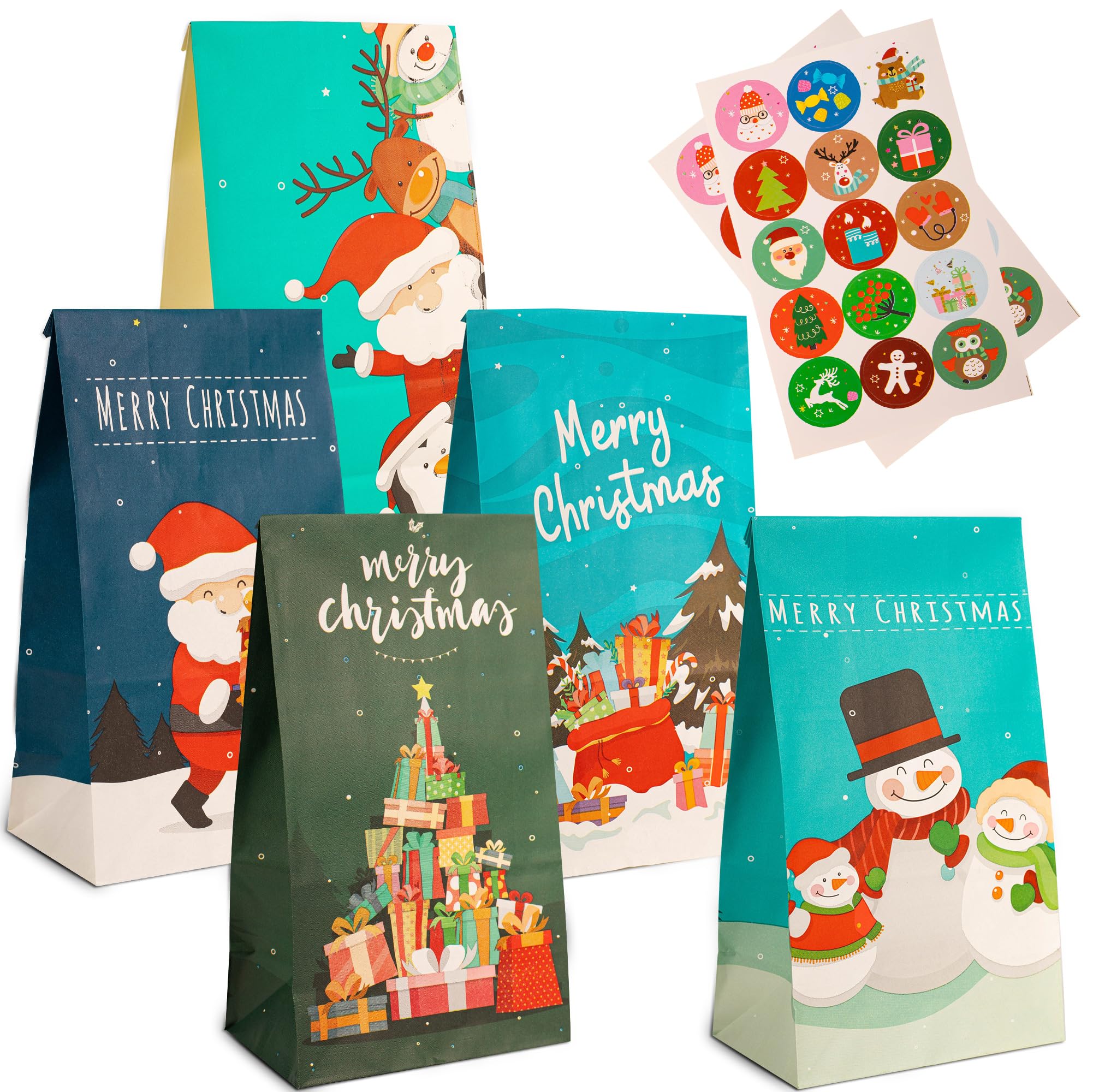 20pcs Small Christmas Paper Gift Bags Multipack 13x23cm Kraft Xmas Gift Wrapping Bag with Stickers, Gift Bags for Christmas Party Presents Xmas Goody Treat Sweet Candy Favors Bag for Kids Party