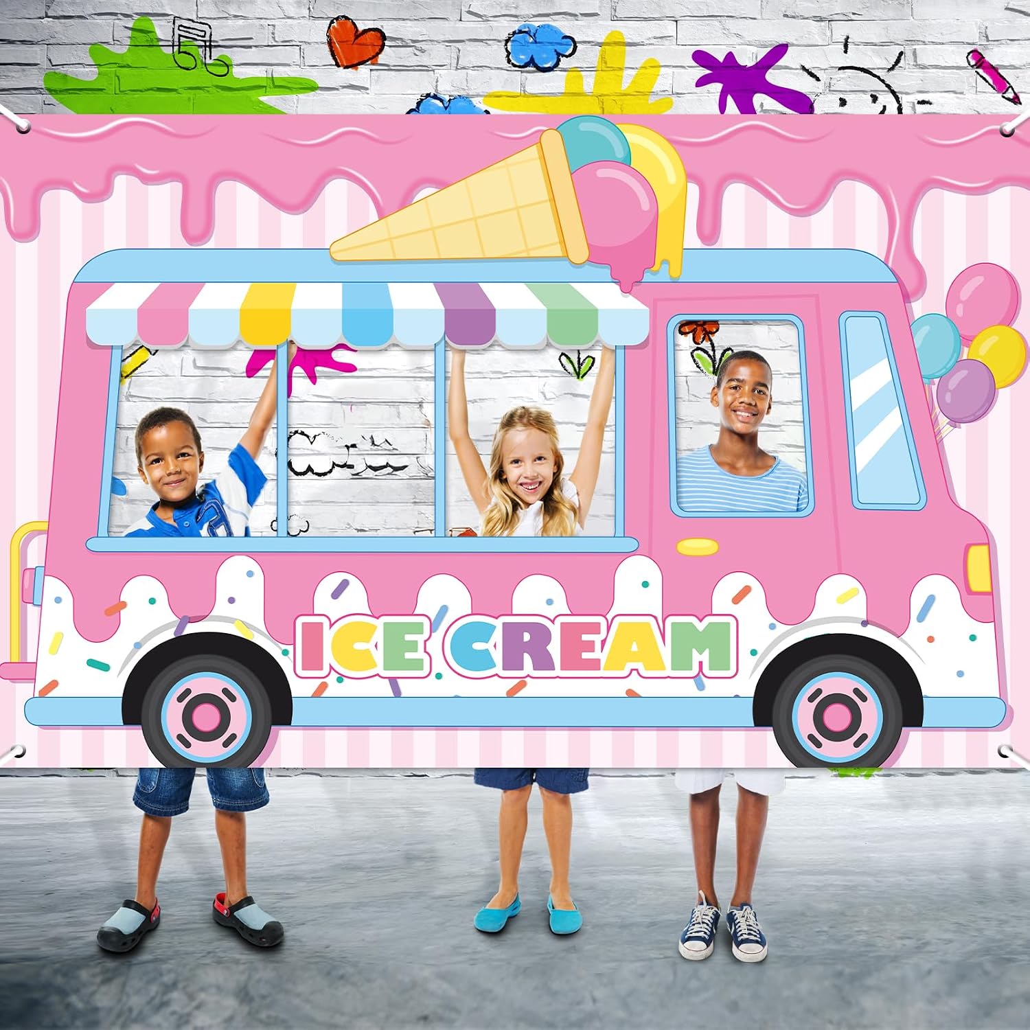 Ice Cream Truck Backdrop Party Decoration Pink Ice Cream Photo Prop Background Party Supplies Sweet Dessert Photography Banner for Girl Baby Shower Birthday Favor Dessert Cart Booth Props