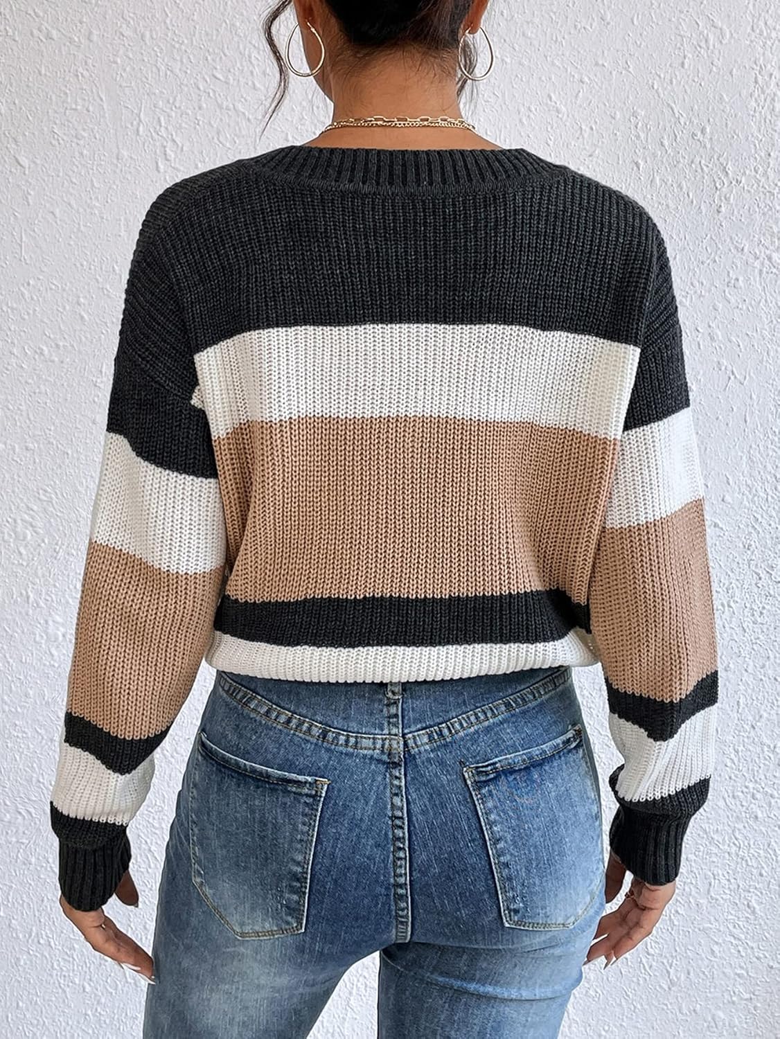 Women's Sweater Color Block Drop Shoulder Sweater Sweater for Women (Color : Multicolor, Size : Small)