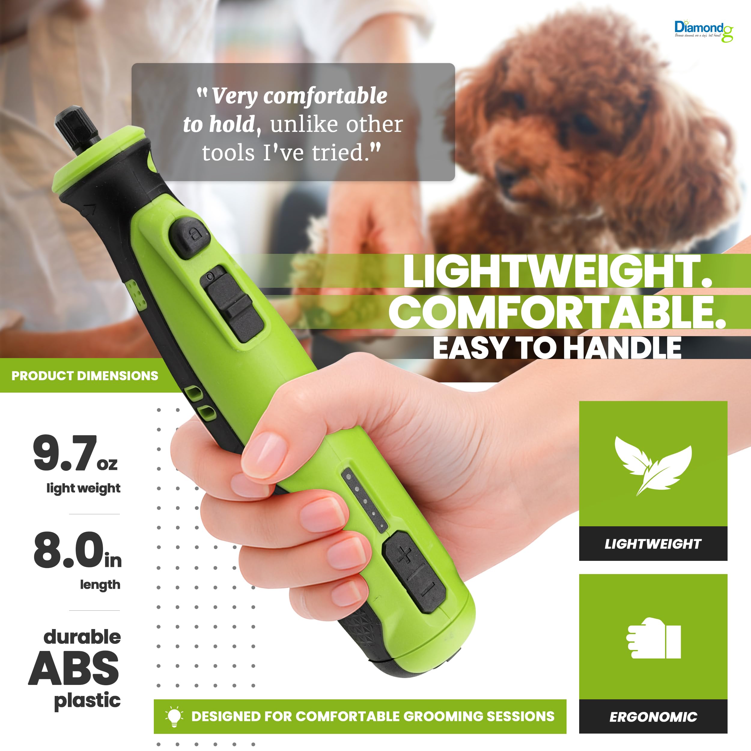 Outil rotatif pour meulage des griffes de chien, sans fil, batterie lithium-ion 8 V, pointe éclairée, autonomie de 4 heures (vert)