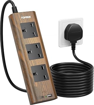 TOPREK Wood Grain 3 Way Extension Lead with USB Slots, Surge Protection, ON/OFF Switch, 13A/3250W, Extension Cable 2M for Home Kitchen Office