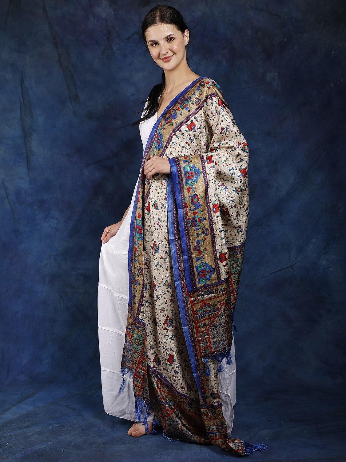 Exotic India Women's Art Silk Dupatta with Printed Warli Folk Art Motifs | Beautiful Designer Stole, Chunni For Girls