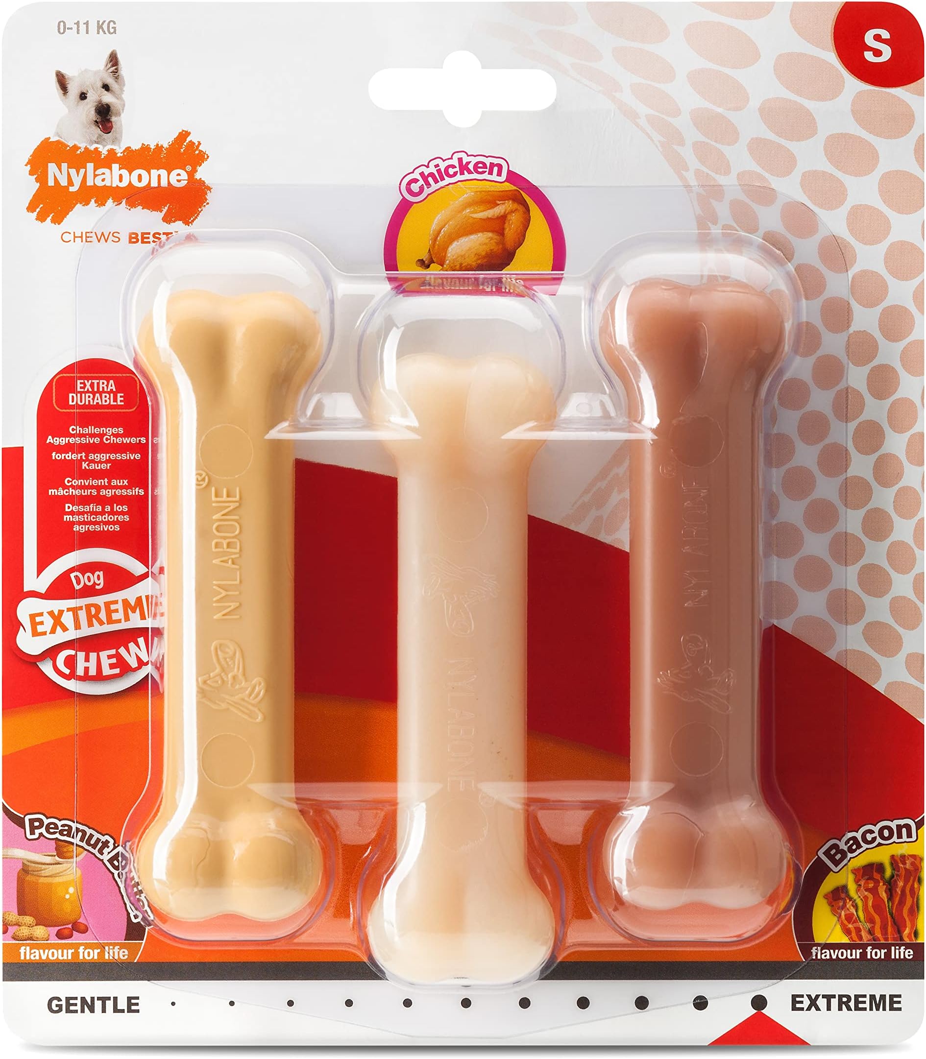 Extreme Tough Dog Chew Toy Bones, Peanut Butter, Chicken, Bacon Flavoured, 3-Piece, Small, For Dogs Up To 11 kg