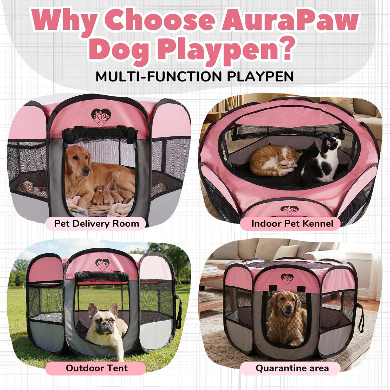Foldable Puppy Playpen Indoor & Outdoor,Portable Small Dog & Kitten Playpen with Breathable Mesh,Easy Setup Pet Pen with Zipper Door & Carry Bag,Pop Up Puppy Playpen,Pink M