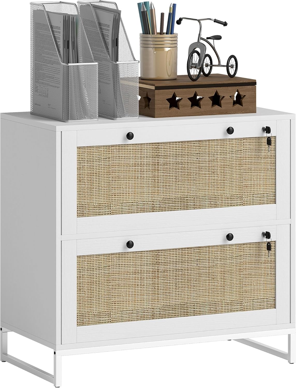 vinsetto 2 rattan drawer file cabinet with lock, lateral filing cabinet with adjustable hanging bar for letter, a4 and legal size files, printer stand for home office, white