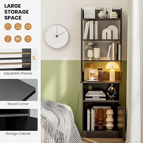 Miniatura 5 de IKIFLY Juego de 2 estanterías de 5 niveles con salida y puertos USB estantería con estantes ajustables y gabinete para dormitorio oficina sala de