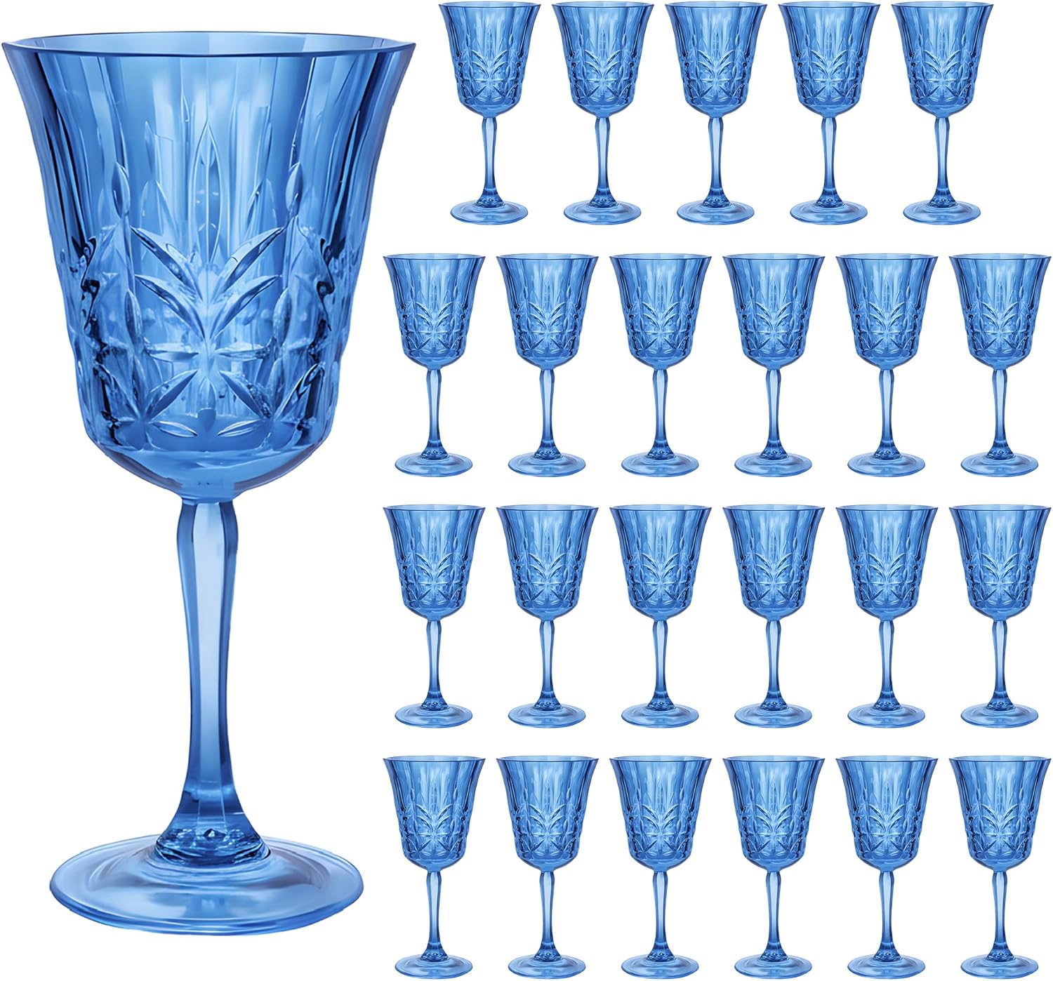 Plastic Wine Glasses 10oz Vintage Goblets Unbreakable Reusable BPA-Free Stemmed Drinking Glasses for Easter Parties, Weddings & Events Leaf-Patterned (Set of 24, Blue)