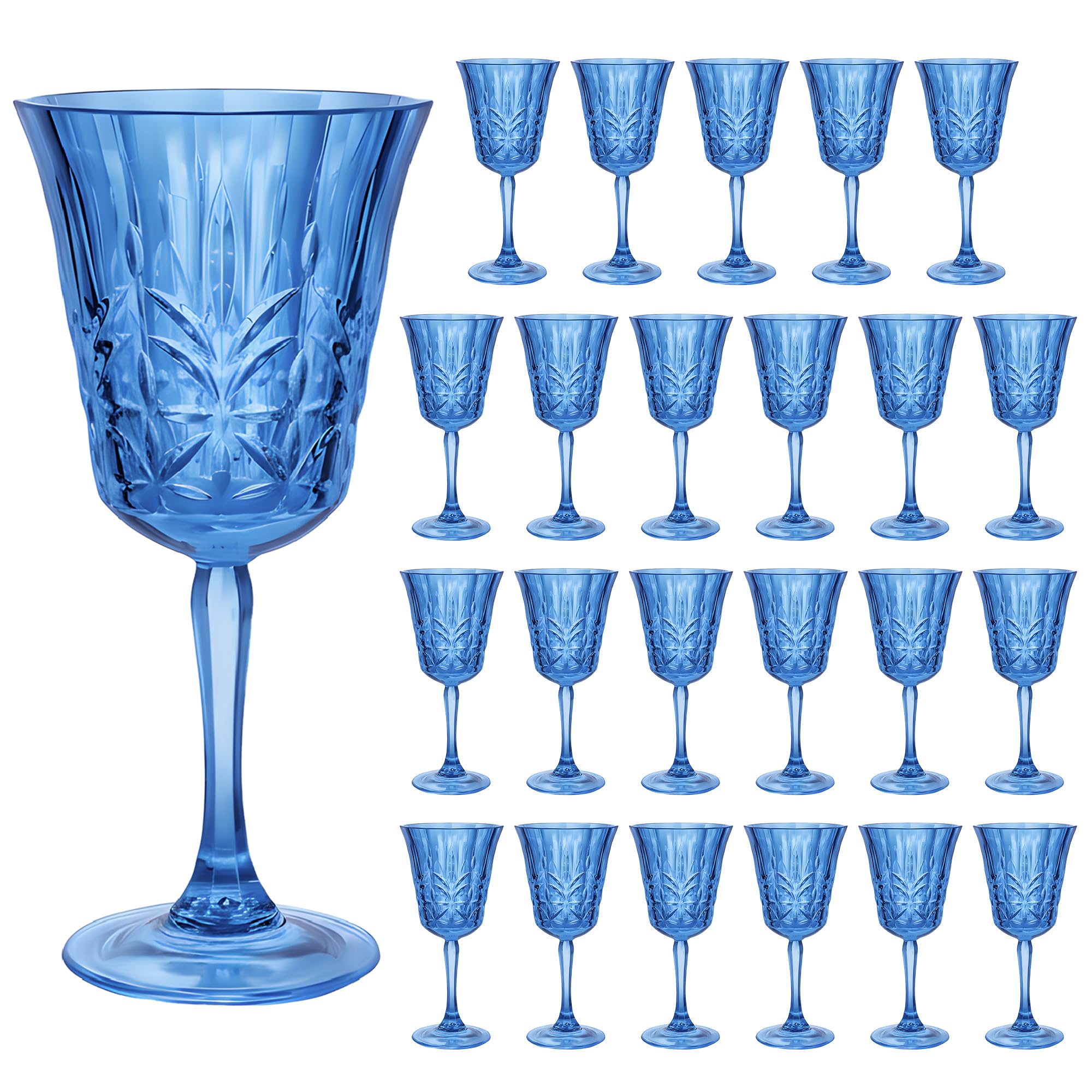 View 1 of ****FACTORY SEALED****
LEYIQU Plastic Wine Glasses 10oz Vintage Goblets Unbreakable Reusable BPA-Free Stemmed Drinking Glasses for Parties, Weddings & Events Leaf-Patterned (Set of 24, Blue)