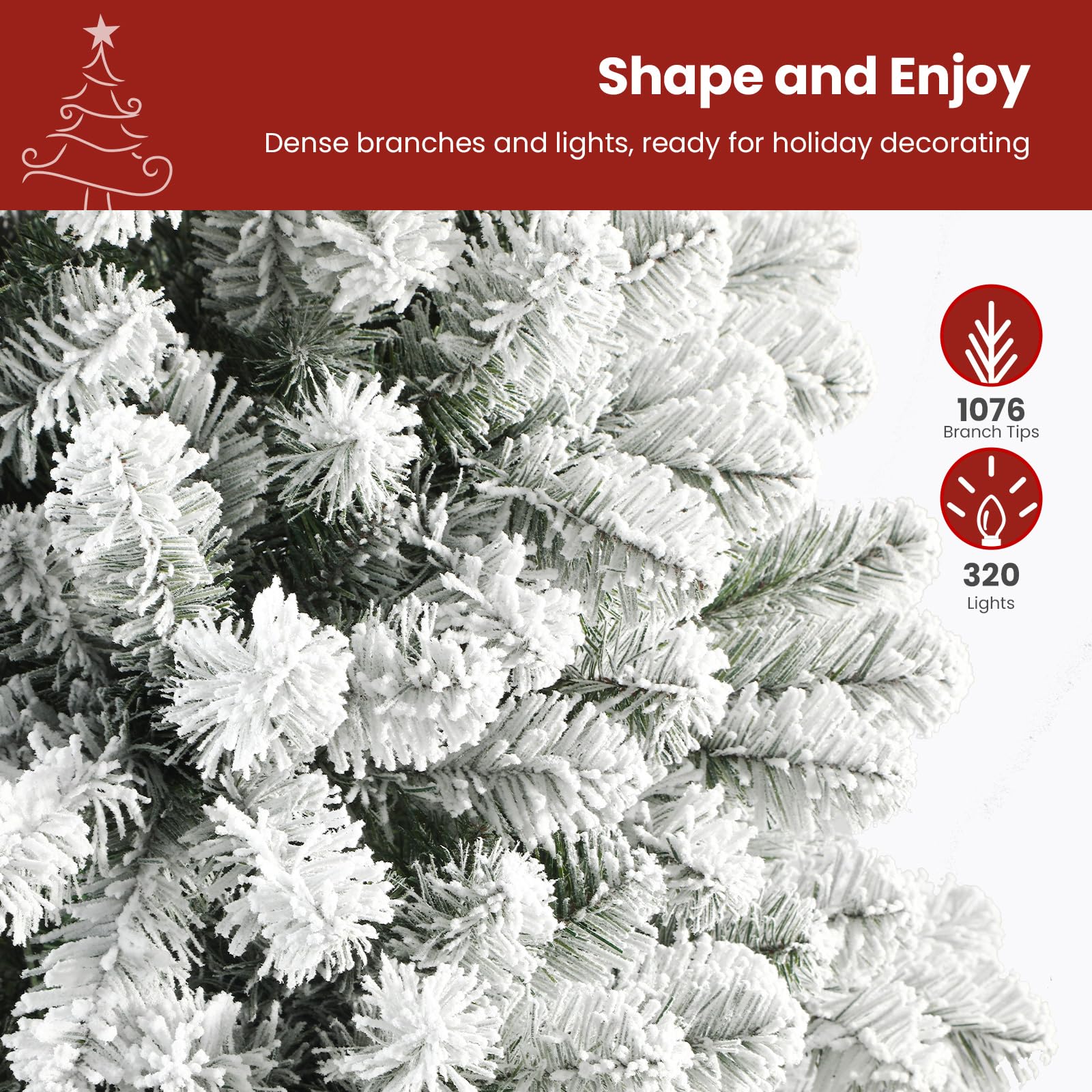 SHareconn Albero di Natale Artificiale 210cm Neve e Luci LED 320 LED Bianco Caldo, 8 Modalità, Pieghevole & Antifiamma