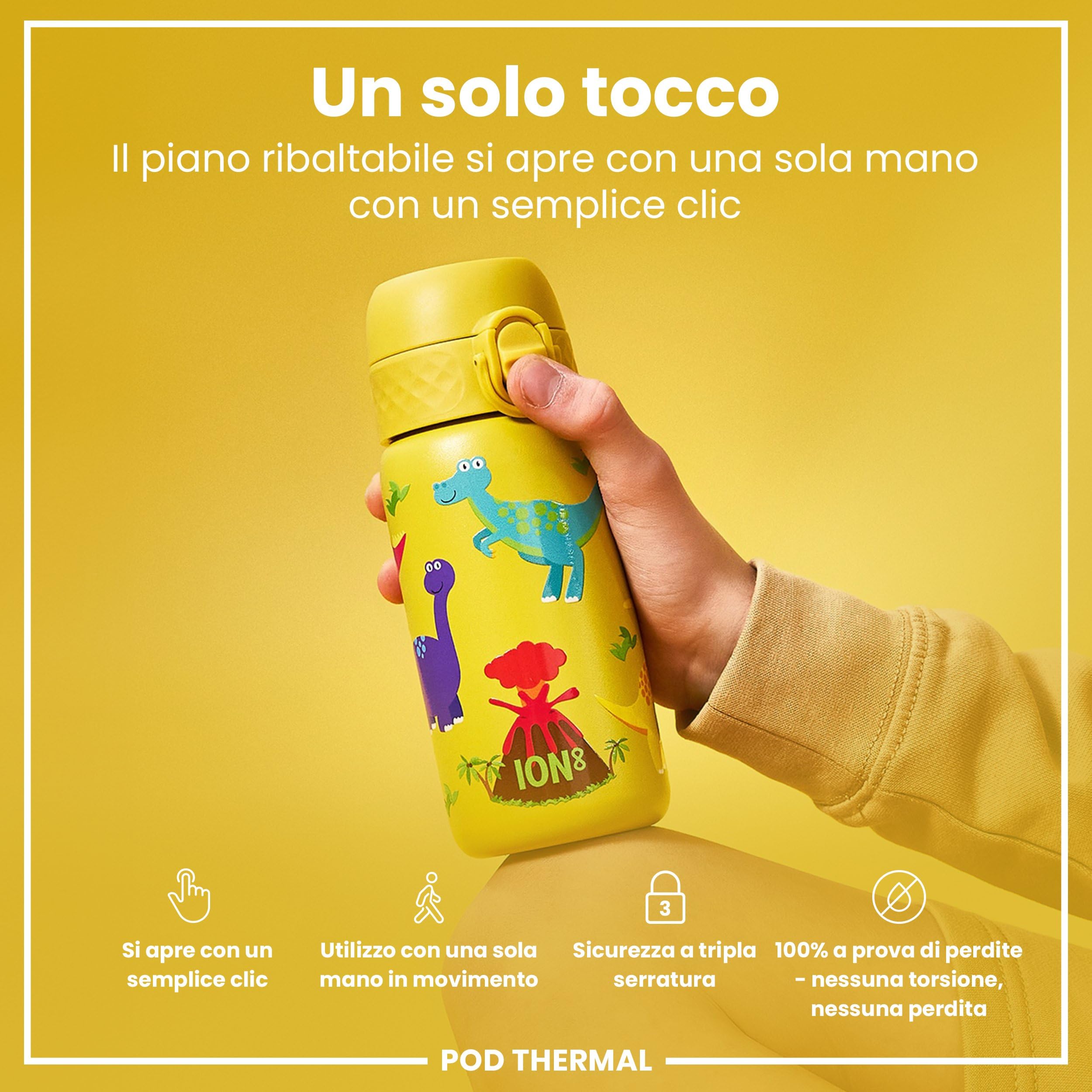 Ion8 Borraccia Termica in Acciaio Isolato, 320ml, a Prova di Perdite, Facile da Aprire, Serratura Sicura, Lavabile in Lavastoviglie, Maniglia per il Trasporto, Facile Pulizia, Dinosauri