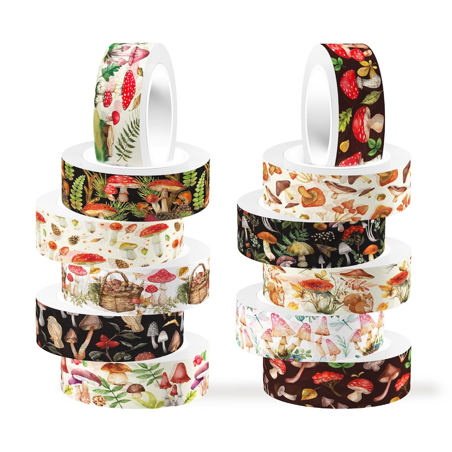 12 Pcs Mushroom Washi Tapes Set Forest Mushroom Vintage Masking Tape Mushroom Themed Decorative Tape Mushroom Printed Decorative for DIY, Planner, Scrapbooking, and Party Decor
