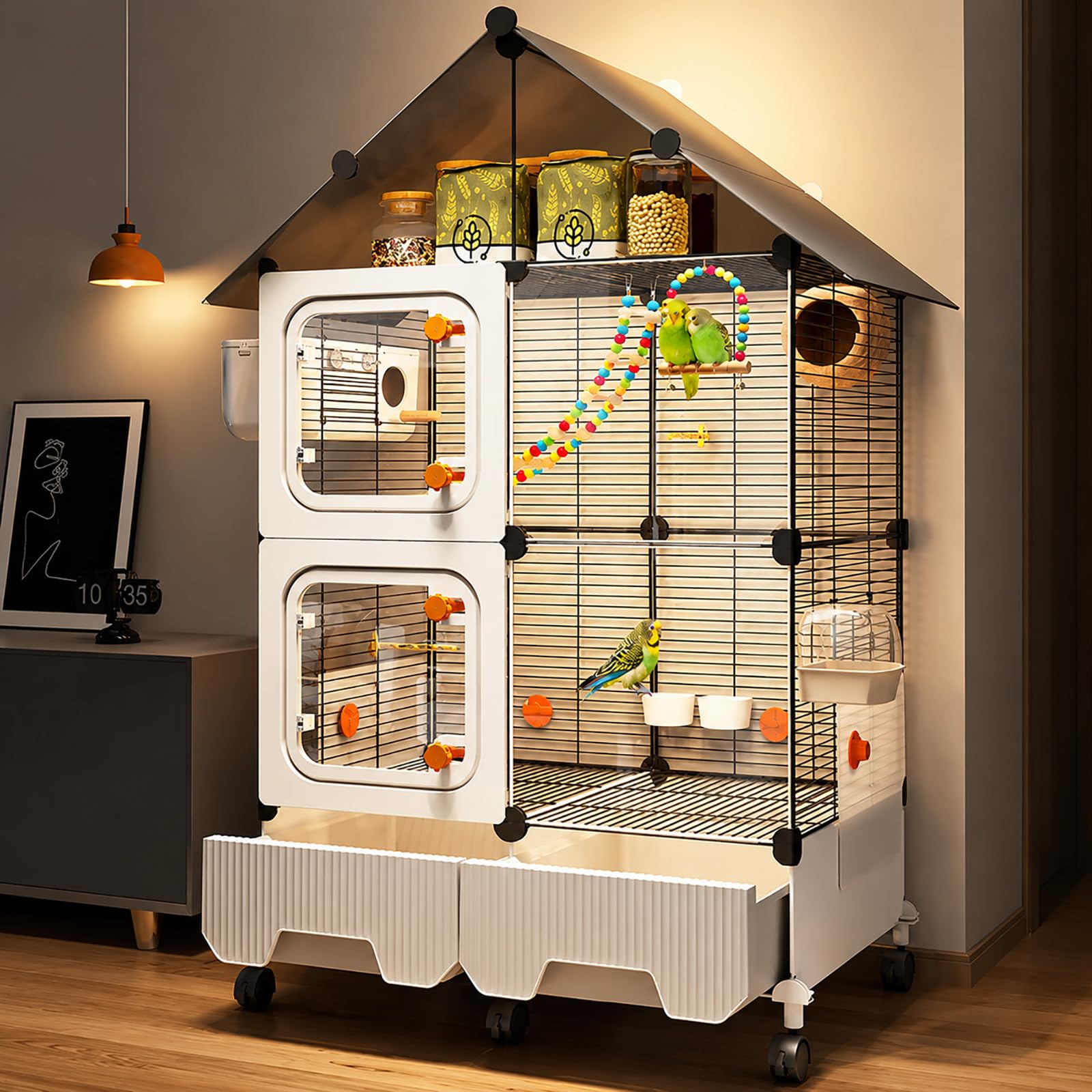 Jaula Grande para Pájaros con Ruedas – Aviario Espacioso para Periquitos, Conures y Agapornis, Jaula para Loros con Almacenaje Superior y Columpio para Interior y Exterior White