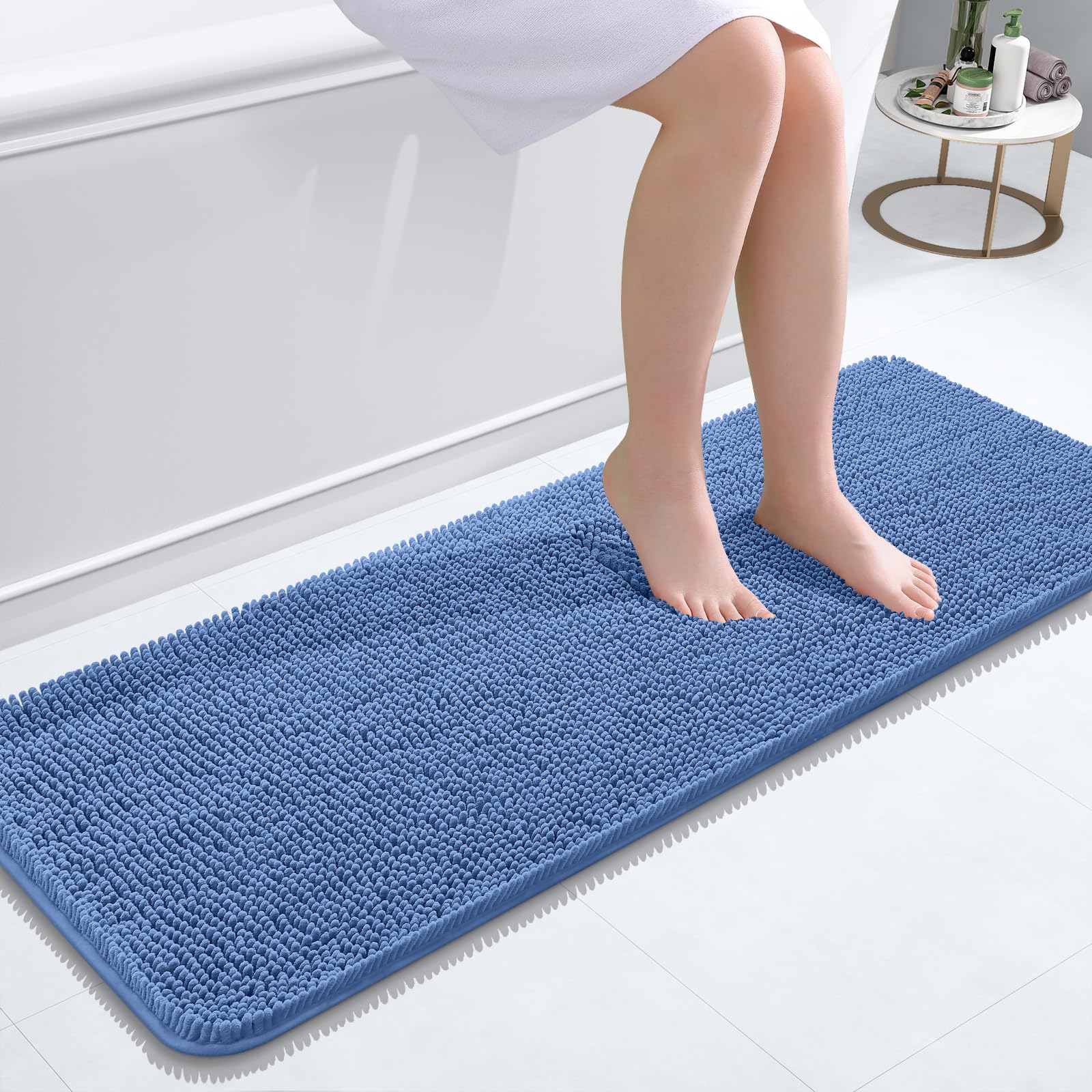 OLANLY Bathroom Runner Rugs 47x17, Extra Soft Absorbent Chenille Bath Rugs | Cornflower Blue, Quick-Drying Rubber Backing, Machine Washable Long Bath Mat for Bathroom Floor, Tub and Shower, Home Decor